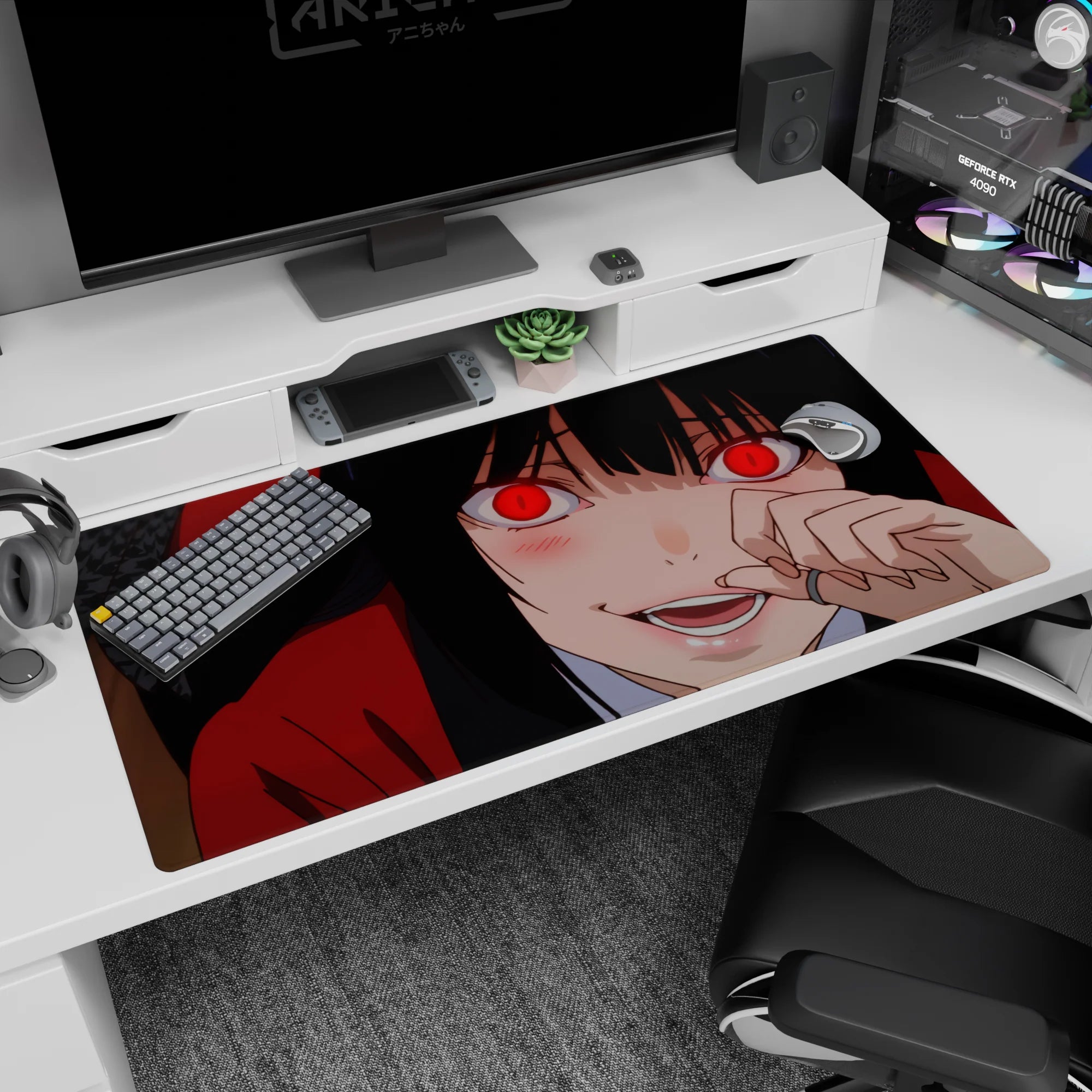 40x20 inches Yumeko Jabami desk pad, sly half-smile and blushing cheeks, fingers near lips in red hoodie.