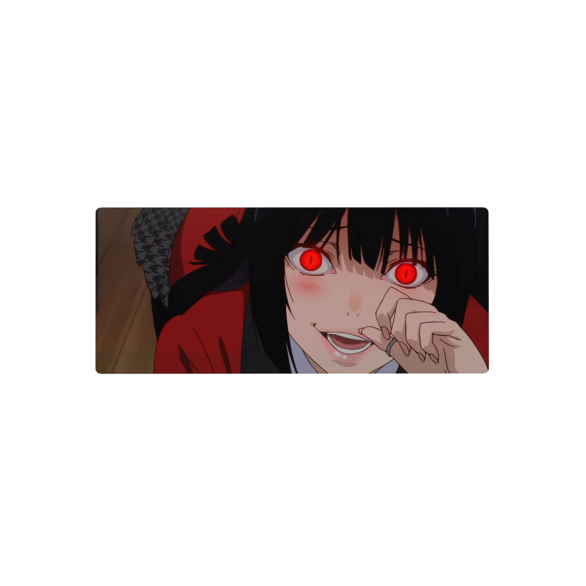 28x12 inches anime girl desk mouse pad with red-eyed gambler portrait, black hair, crimson hoodie.