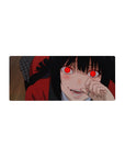 28x12 inches anime girl desk mouse pad with red-eyed gambler portrait, black hair, crimson hoodie.