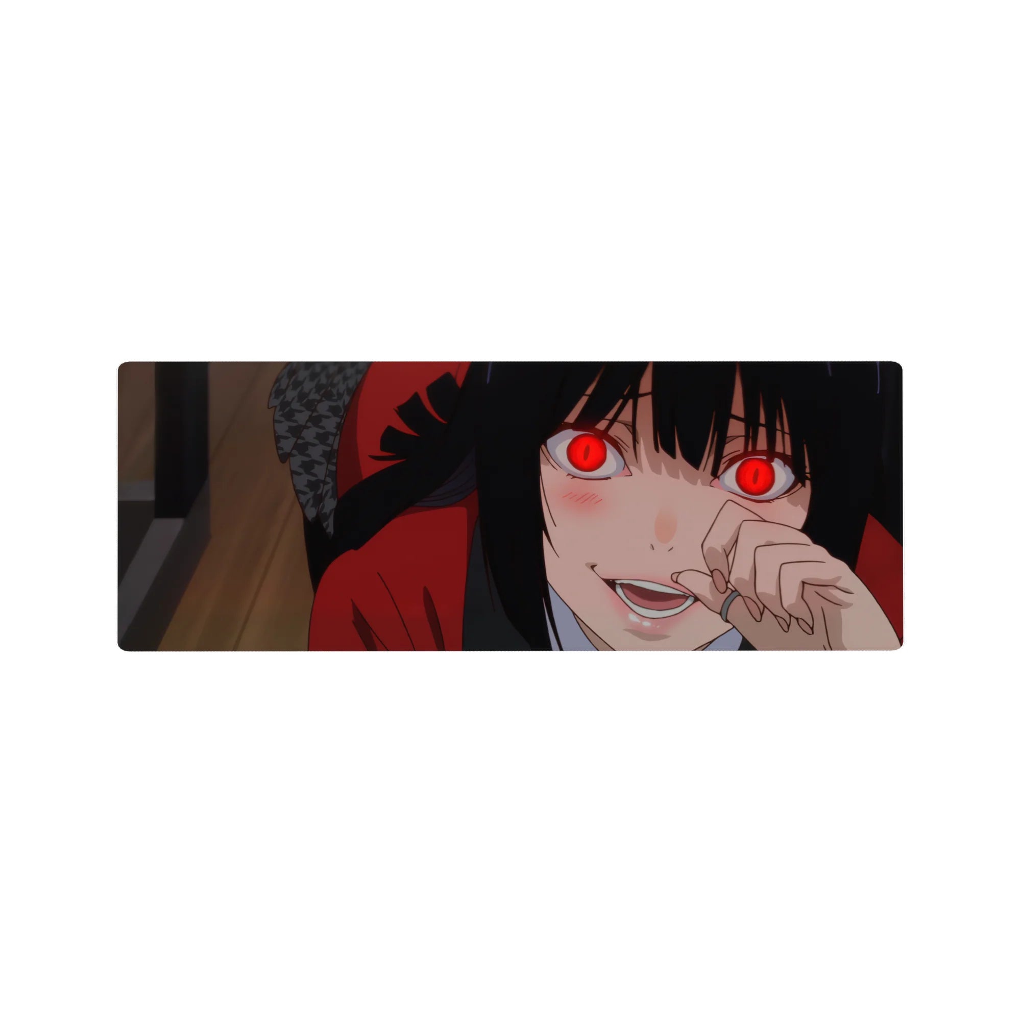 32x12 inches anime girl mouse pad with red-eyed gambler grin, black hair, and crimson hoodie artwork.
