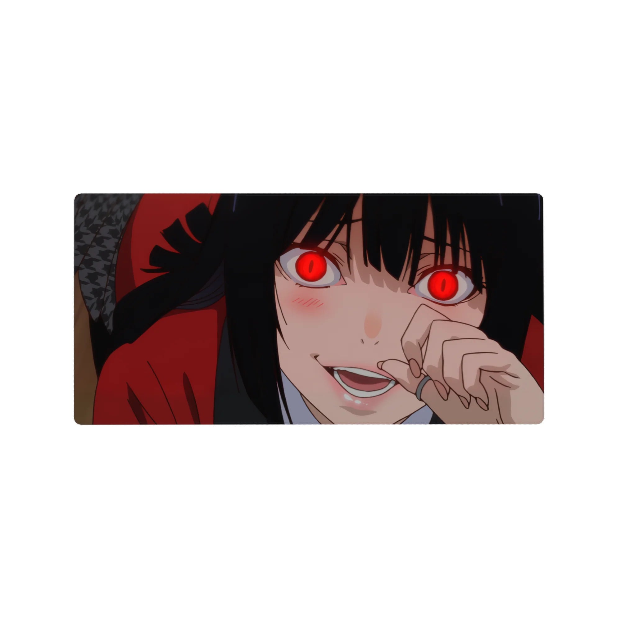 Anime girl mouse pad 32x16 inches with red-eyed girl, black hair, crimson hoodie, clean shading.