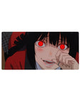 Anime girl mouse pad 32x16 inches with red-eyed girl, black hair, crimson hoodie, clean shading.