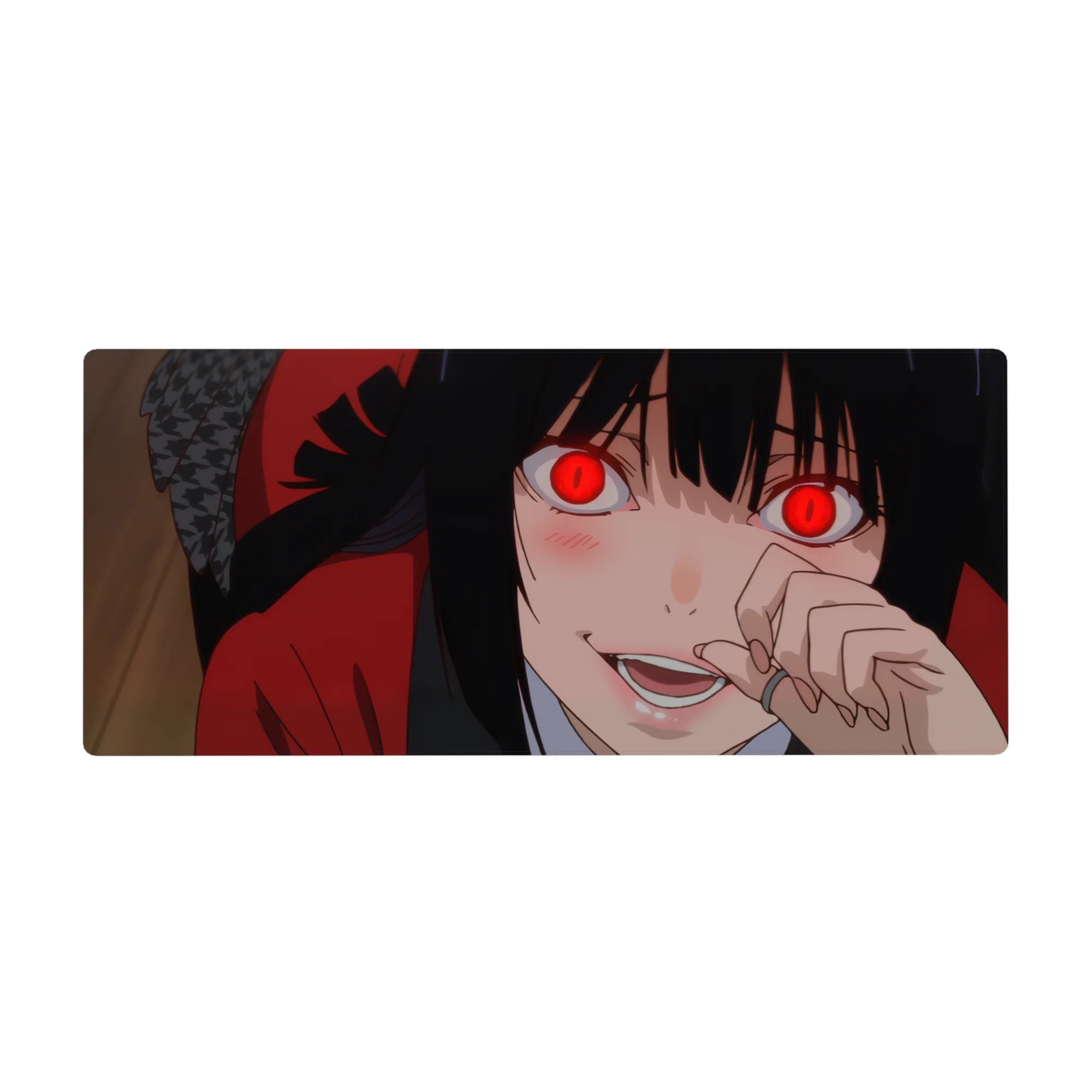 36x16 inches anime girl desk pad with red-eyed gambler look, black hair, crimson hoodie, bold linework.