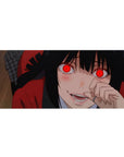 36x16 inches anime girl desk pad with red-eyed gambler look, black hair, crimson hoodie, bold linework.