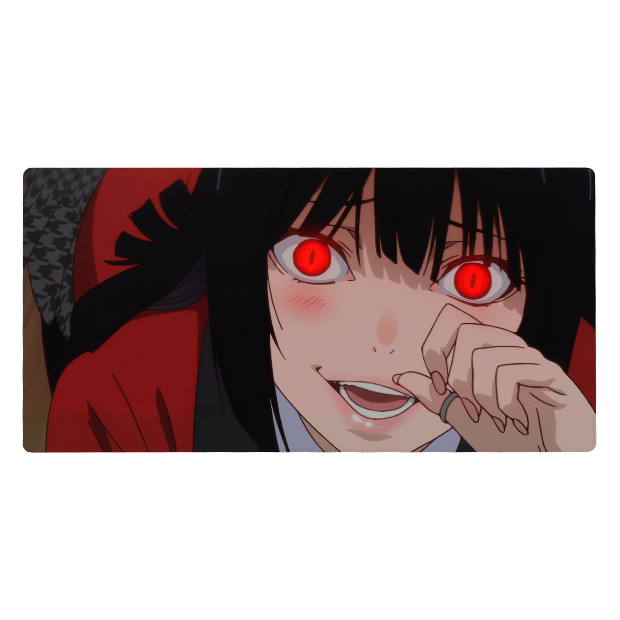 40x20 inches anime girl desk pad with red-eyed gambler vibe, black hair, crimson hoodie, clean shading.