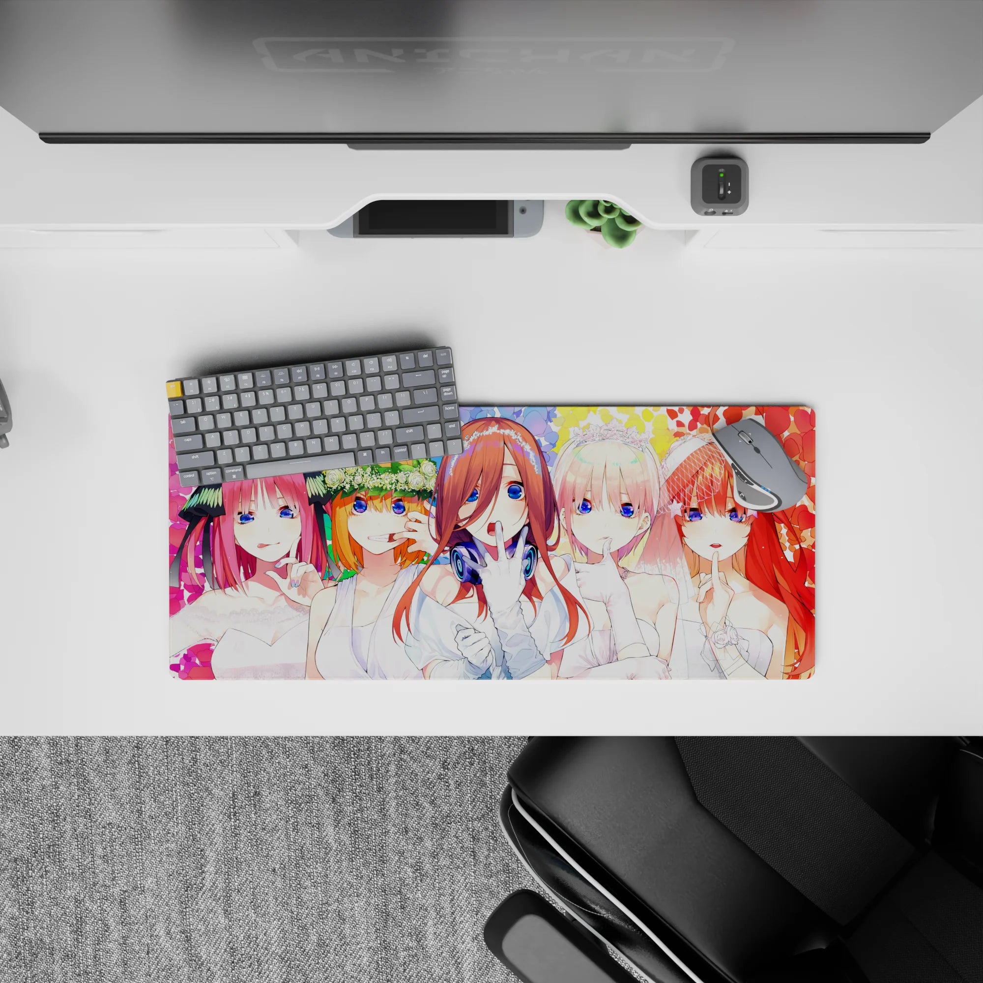 28x12 inches kawaii anime mouse pad with confetti backdrop, pink to red hair tones, bright party vibe.