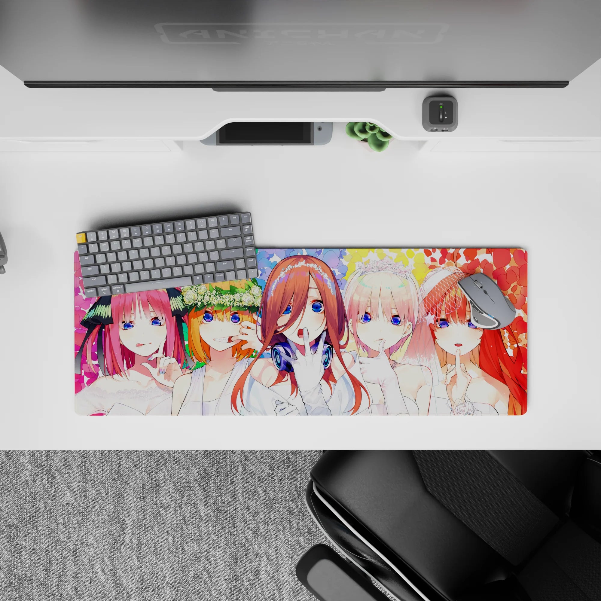32x12 inches anime girl mouse pad in candy confetti colors, blue eyes, pink-orange-red hair, cute vibe.