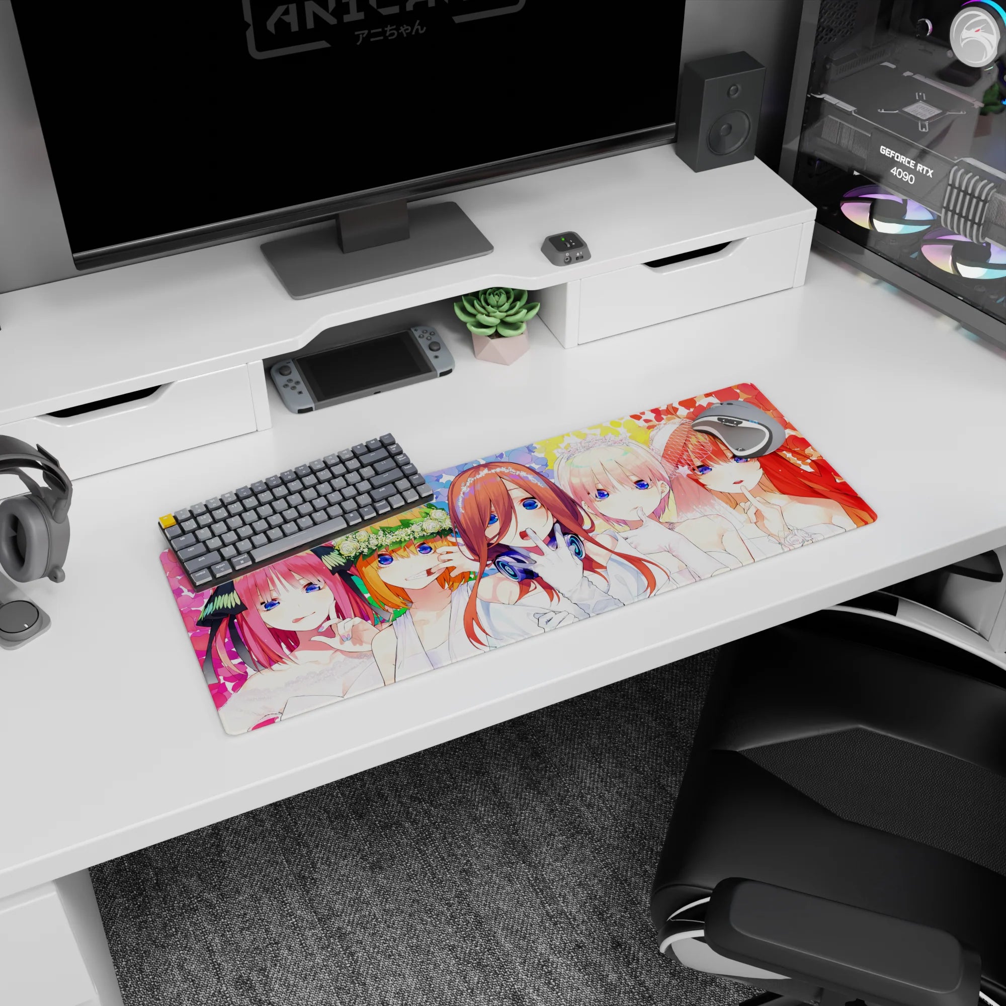 32x12 inches anime girl mouse pad featuring a bride with headphones DJing, surrounded by wedding girls.