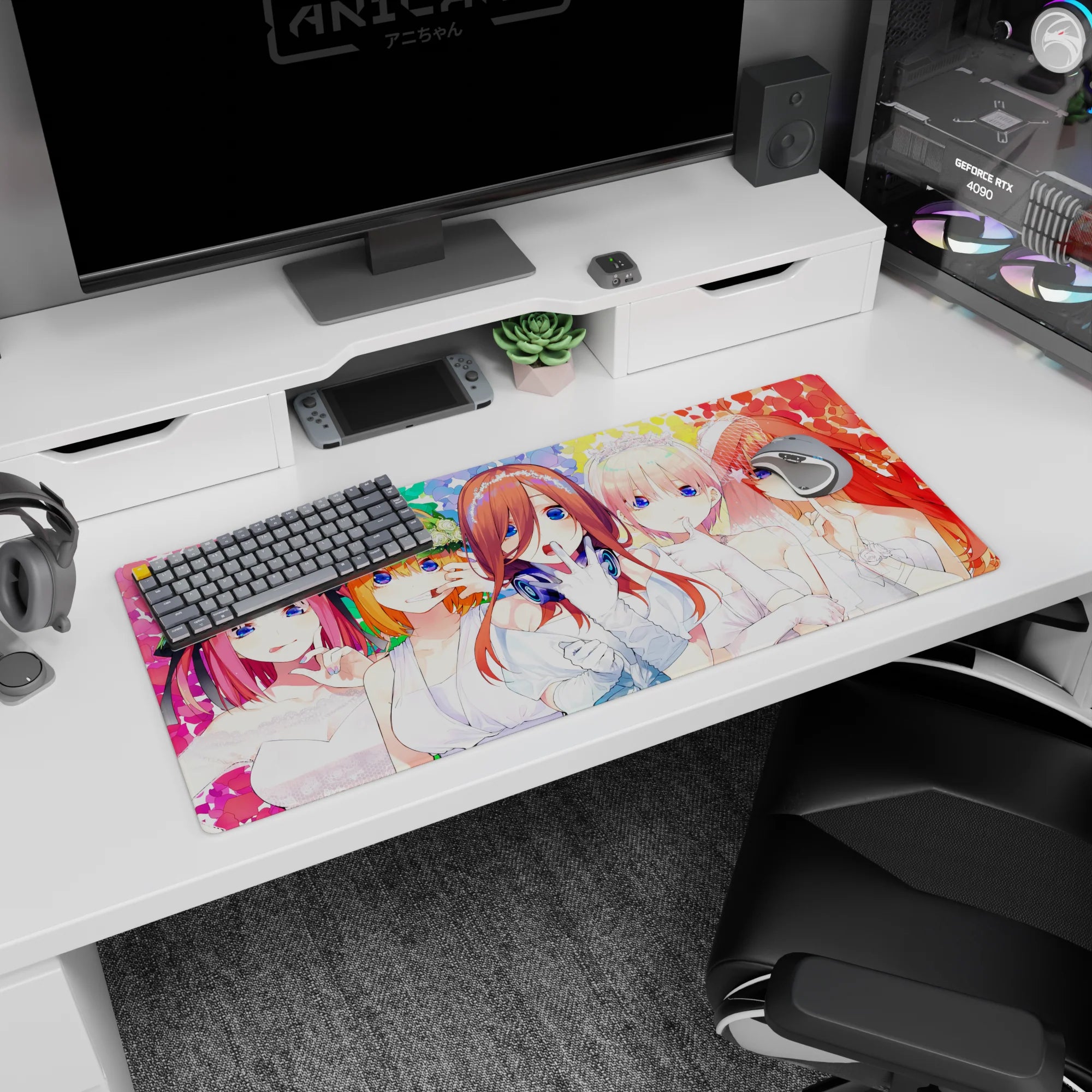 36x16 inches anime desk pad featuring center bride in headphones, big blue eyes, flanked by shushing brides.