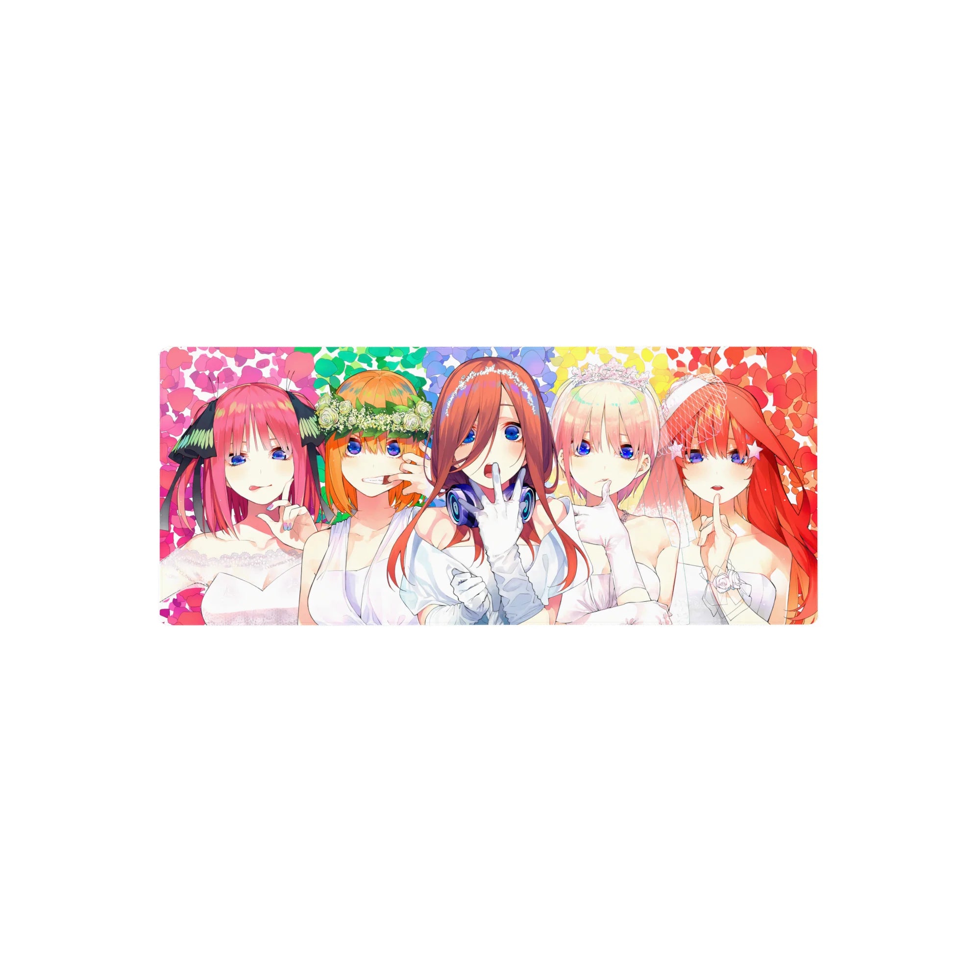 28x12 inches anime girl mouse pad with five cute brides, big blue eyes, lace gowns and wedding accessories.