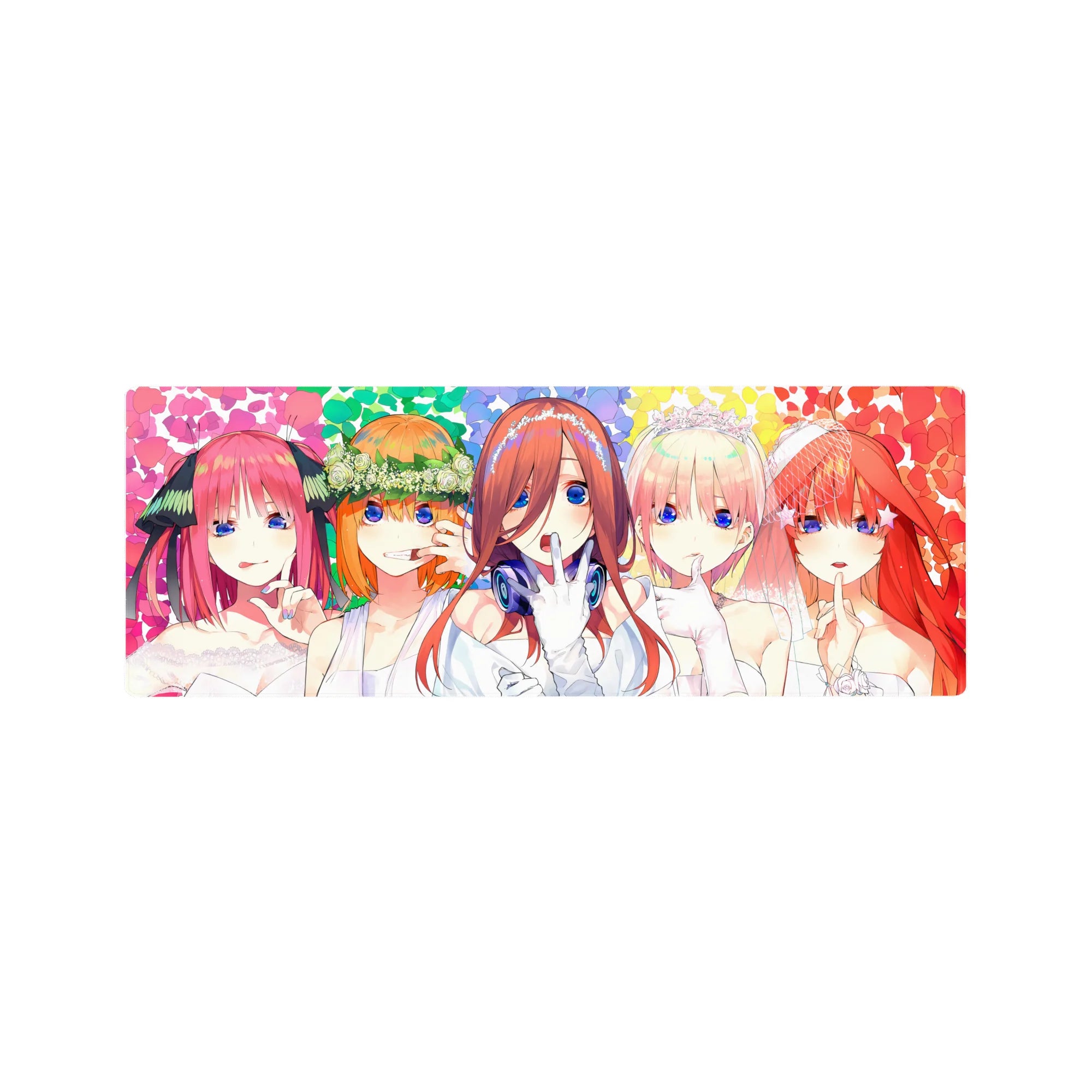 32x12 inches anime girl mouse pad with five brides in lace gowns, flower crowns, and hush pose.