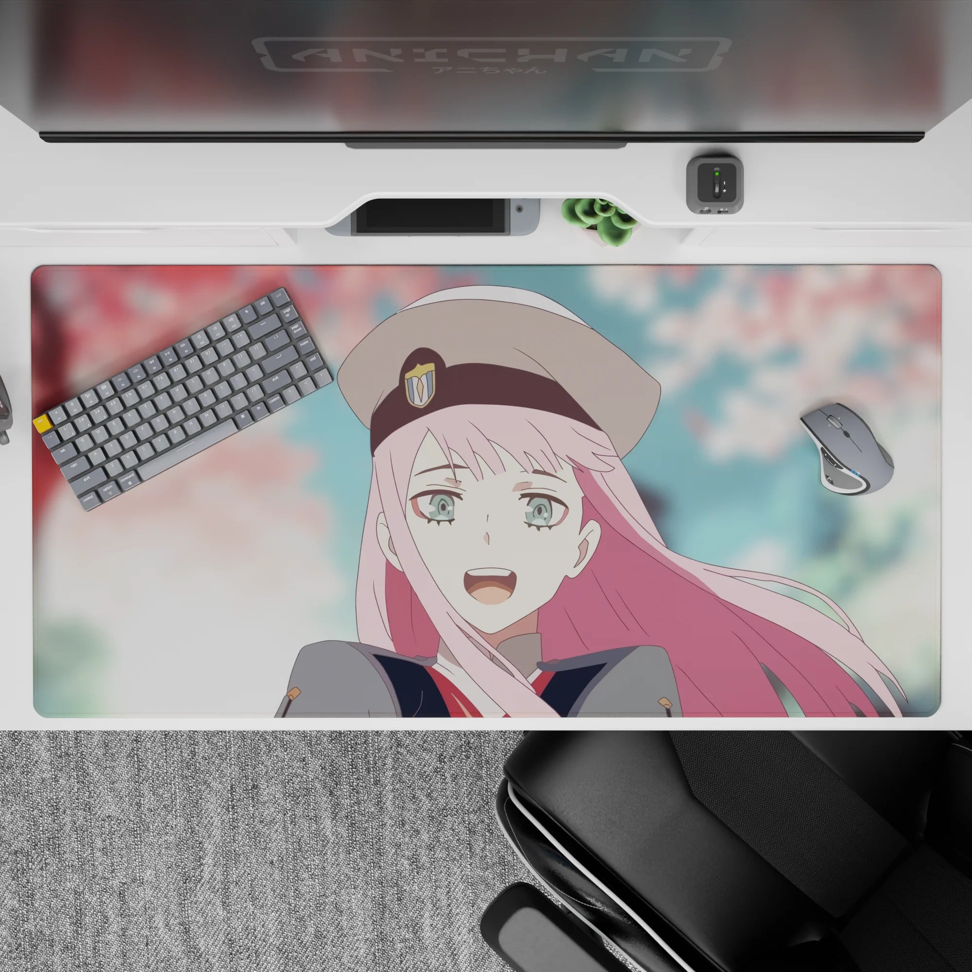 Tranquil 40x20 mouse pad transforms your workspace into a peaceful yet captivating scene, blending Zero Two’s charm with the elegance of cherry blossoms for an immersive vibe