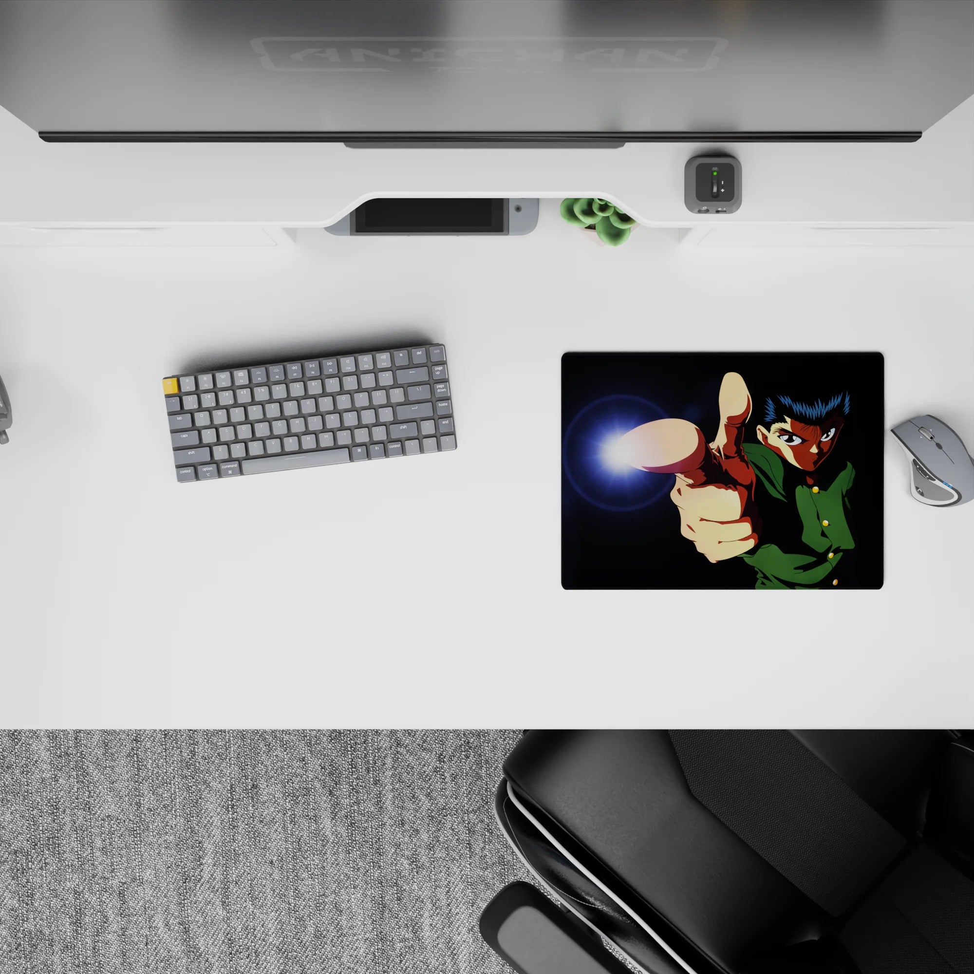 Midnight-black anime mouse pad 14x10 inches with neon lens flare, bright spirit flash, high-contrast vibe.