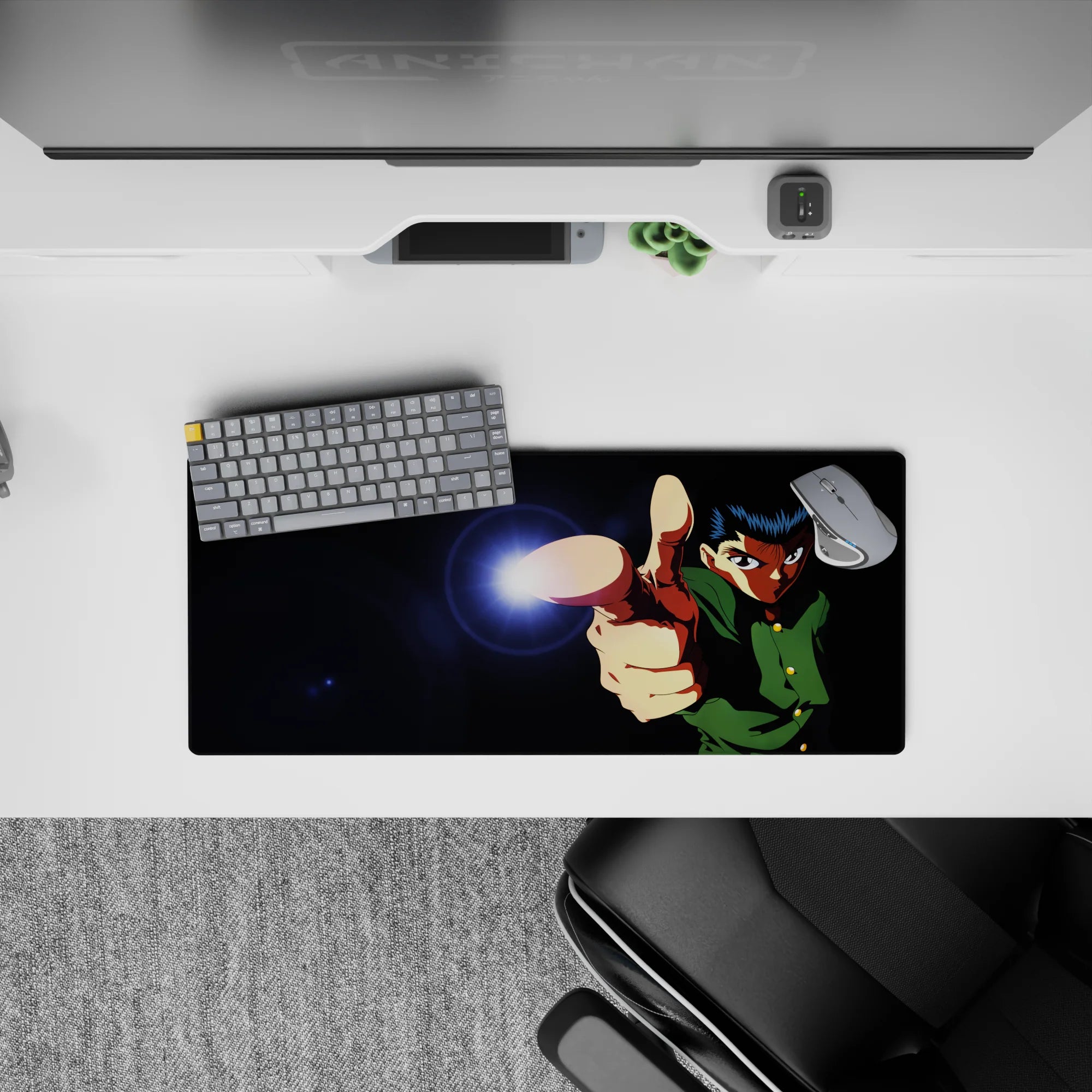 28x12 inches anime mouse pad in deep blacks with electric lens flare, midnight fight mood and bold contrast.
