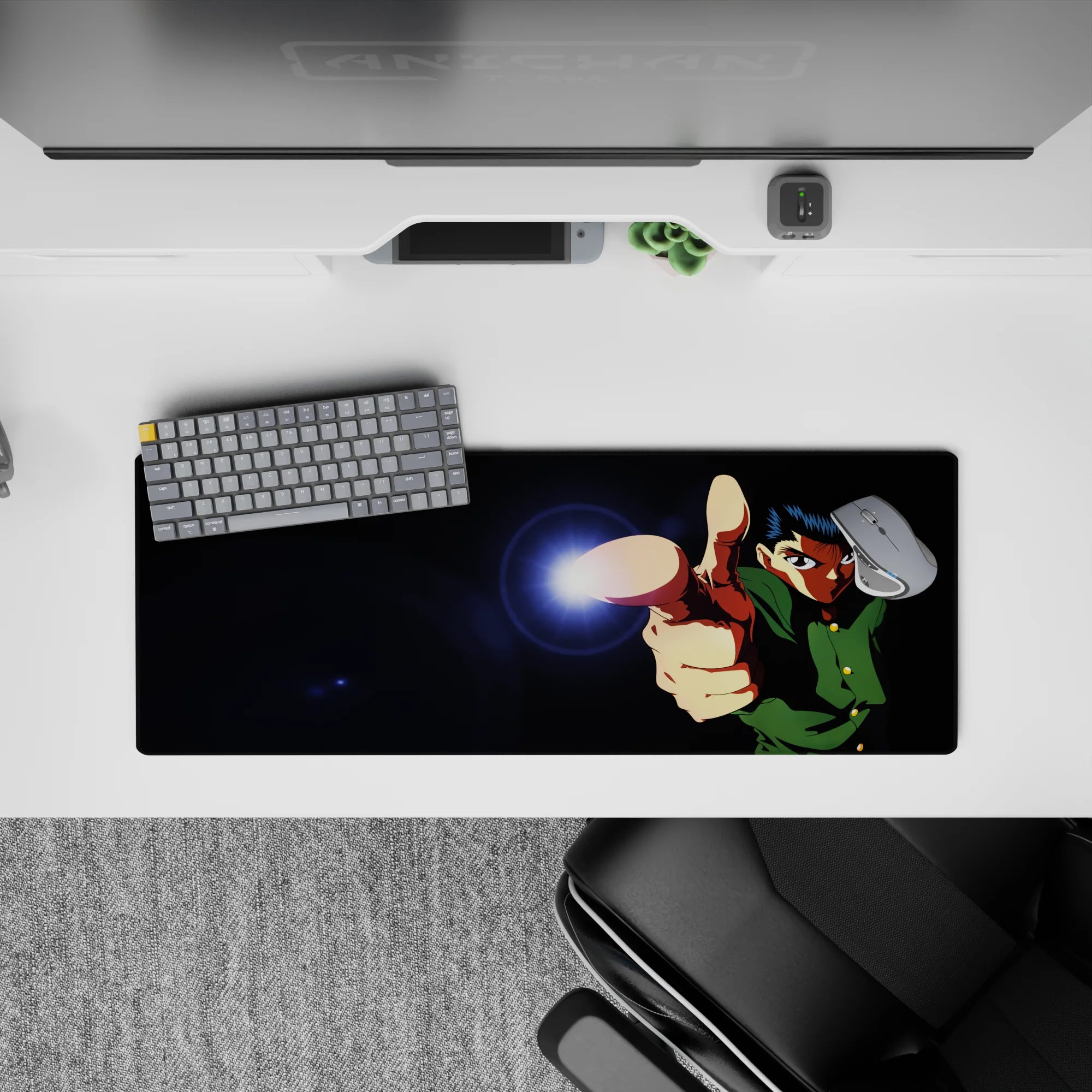 32x12 inches anime mouse pad in dark midnight blacks with electric lens flare and vivid green uniform highlights.