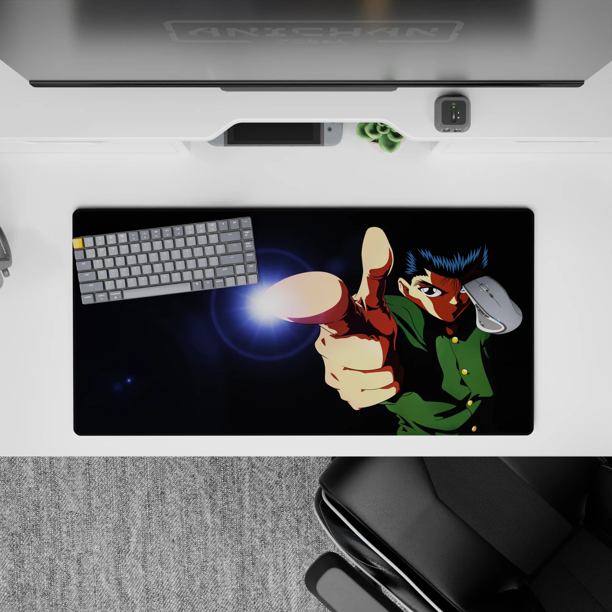 32x16 inches anime mouse pad in midnight blacks with electric lens flare and neon spirit flash energy.