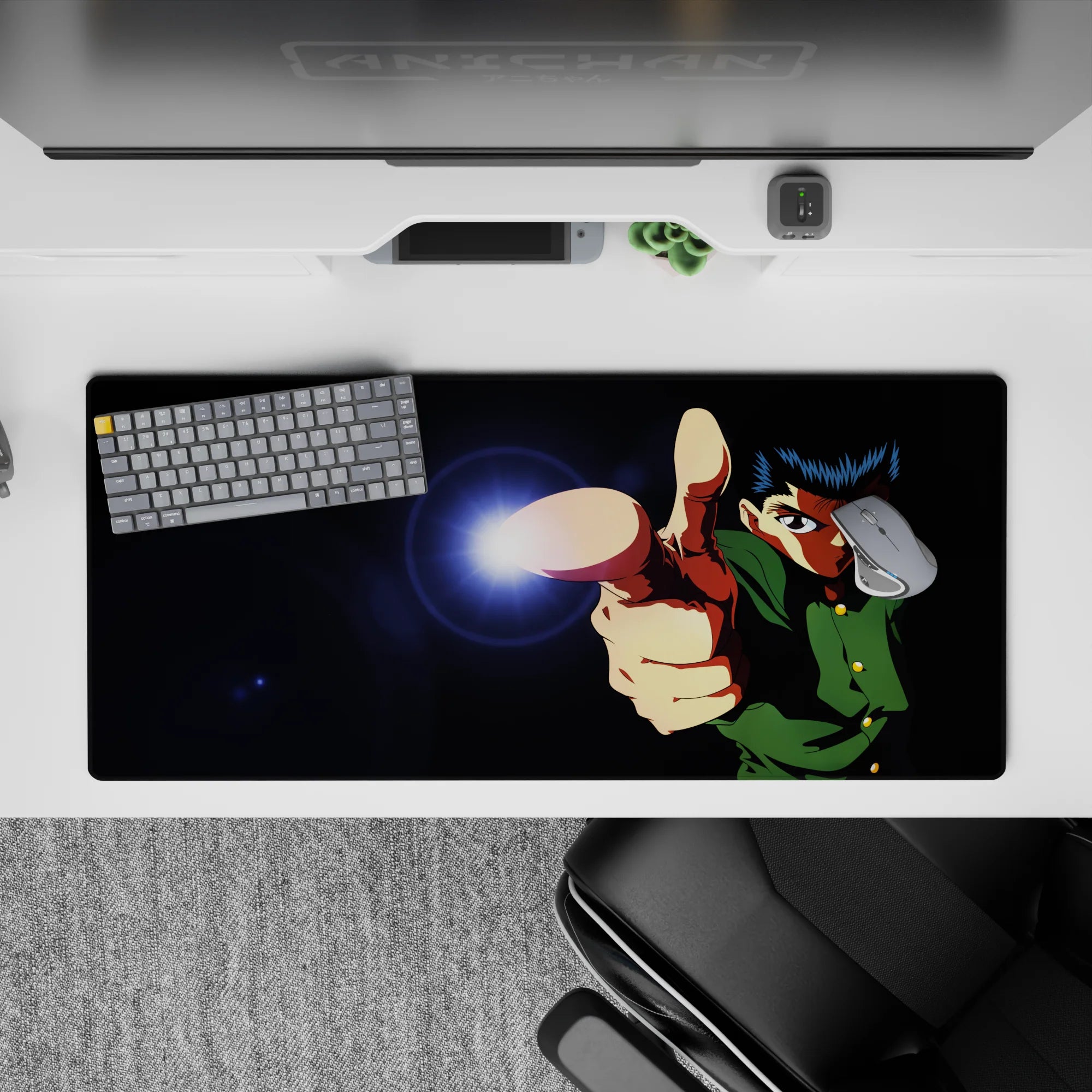 36x16 inches anime desk pad in midnight blacks and neon lens flare, electric glow and high-energy vibe.