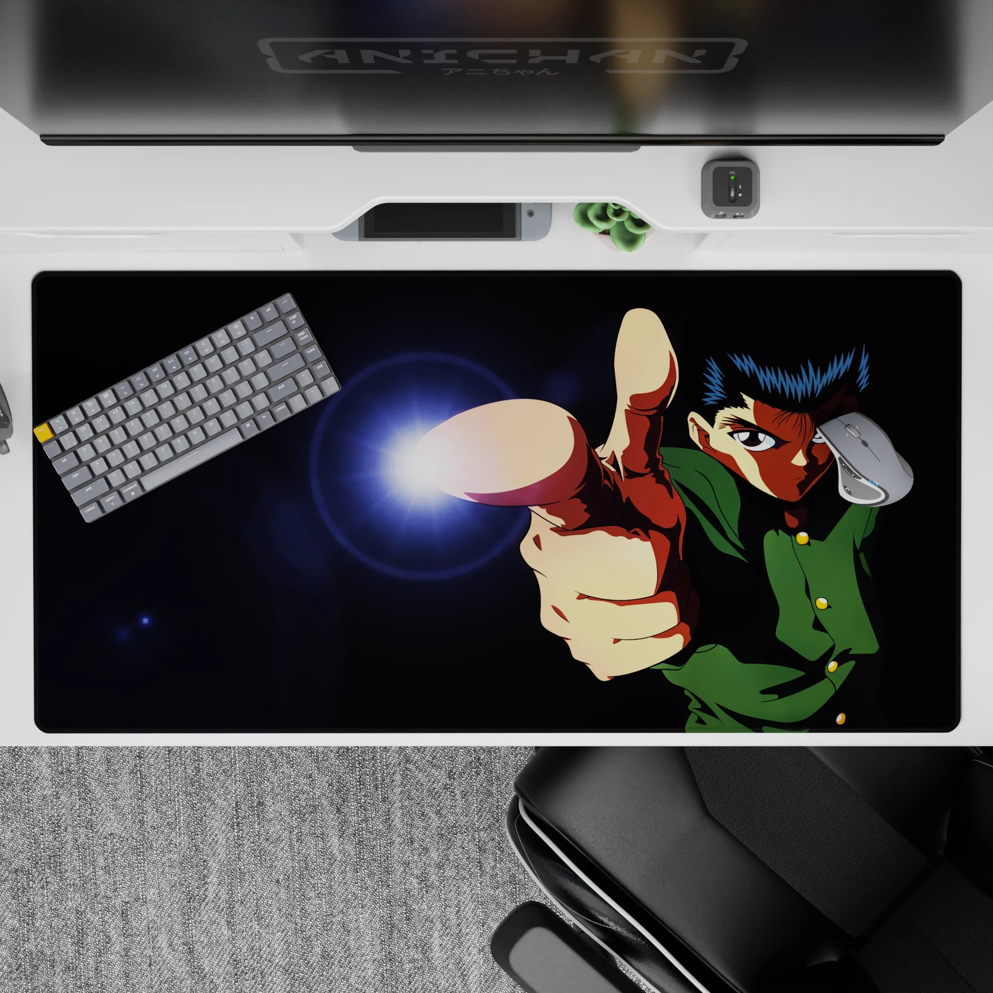 Midnight black anime desk pad 40x20 inches with electric glow, high-contrast shadows, vivid green accents.