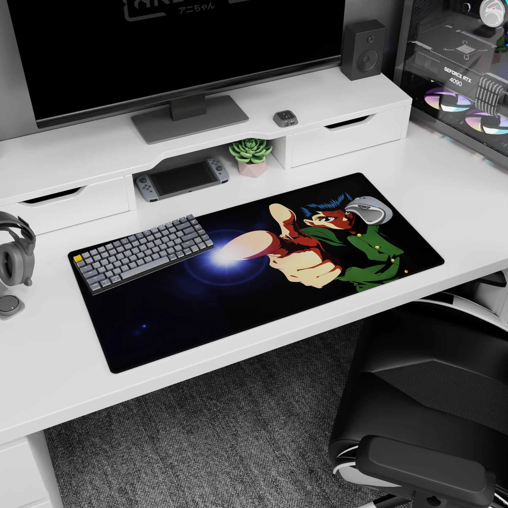 32x16 inches Yusuke Urameshi mouse pad, intense stare and finger-gun pose firing a bright spirit shot.