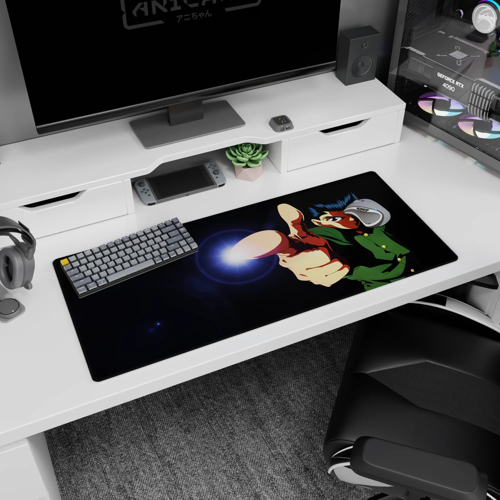 36x16 inches Yu Yu Hakusho desk pad featuring Yusuke Urameshi aiming a spirit gun with intense eyes.