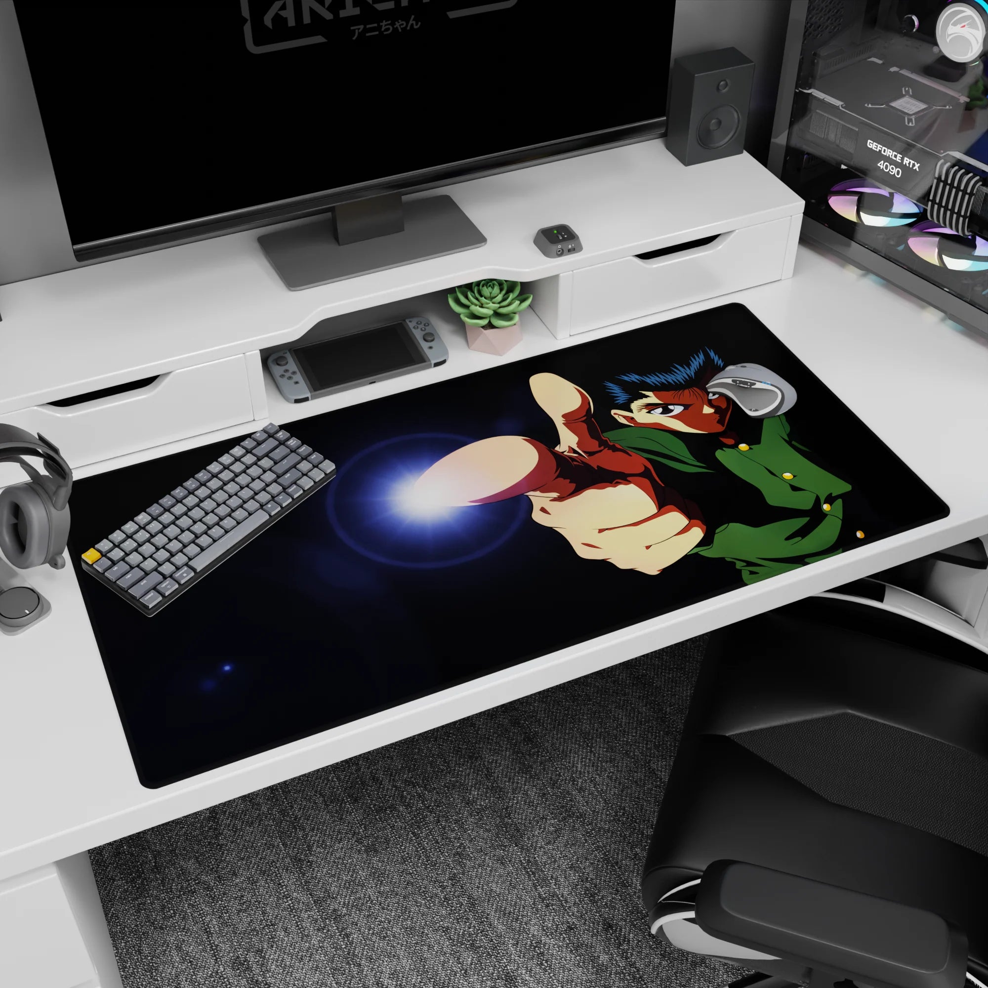 Yusuke Urameshi anime desk pad 40x20 inches, finger-gun spirit flash scene with intense stare and flare.