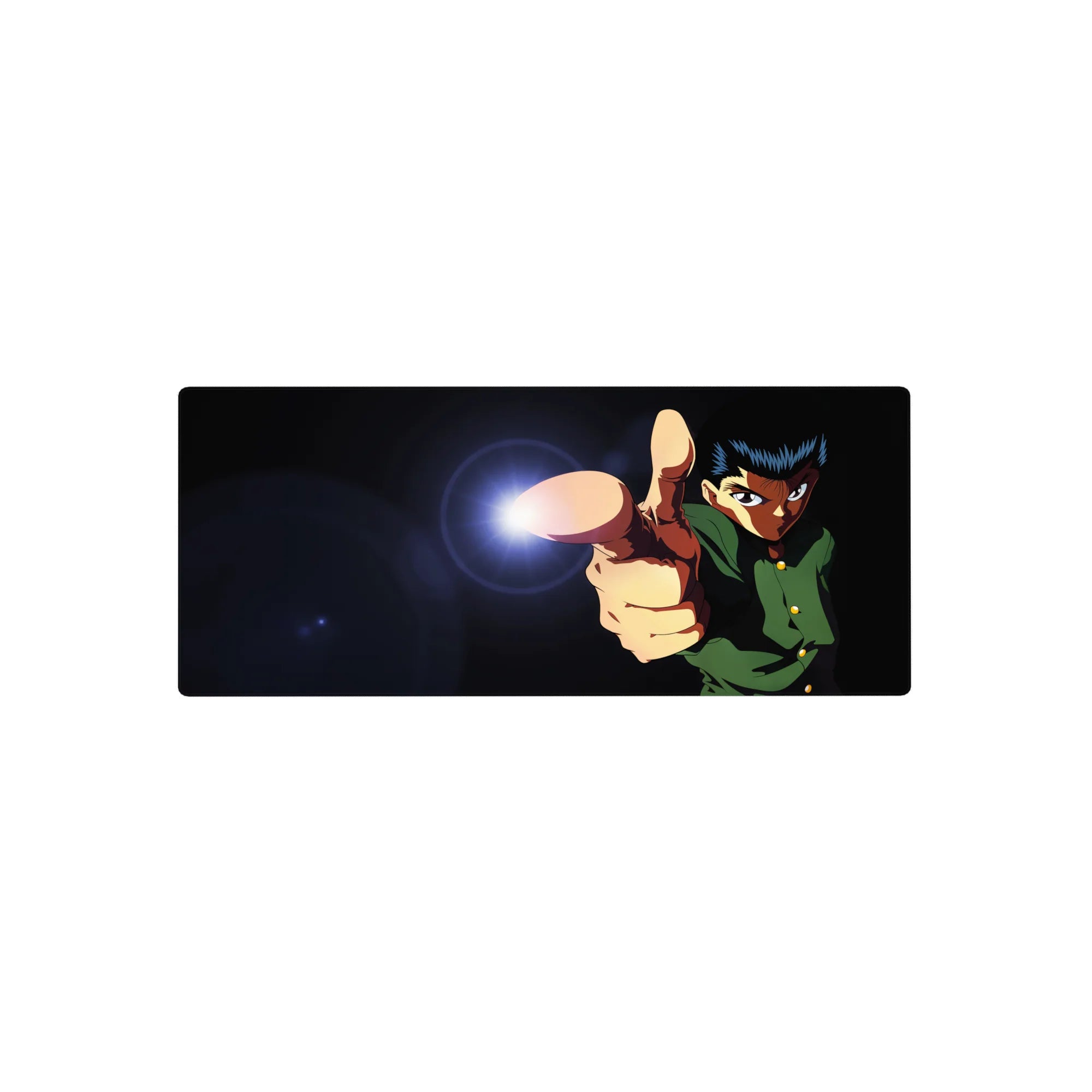 28x12 inches anime mouse pad with action pose hero, spirit blast finger-gun, crisp green uniform detail.