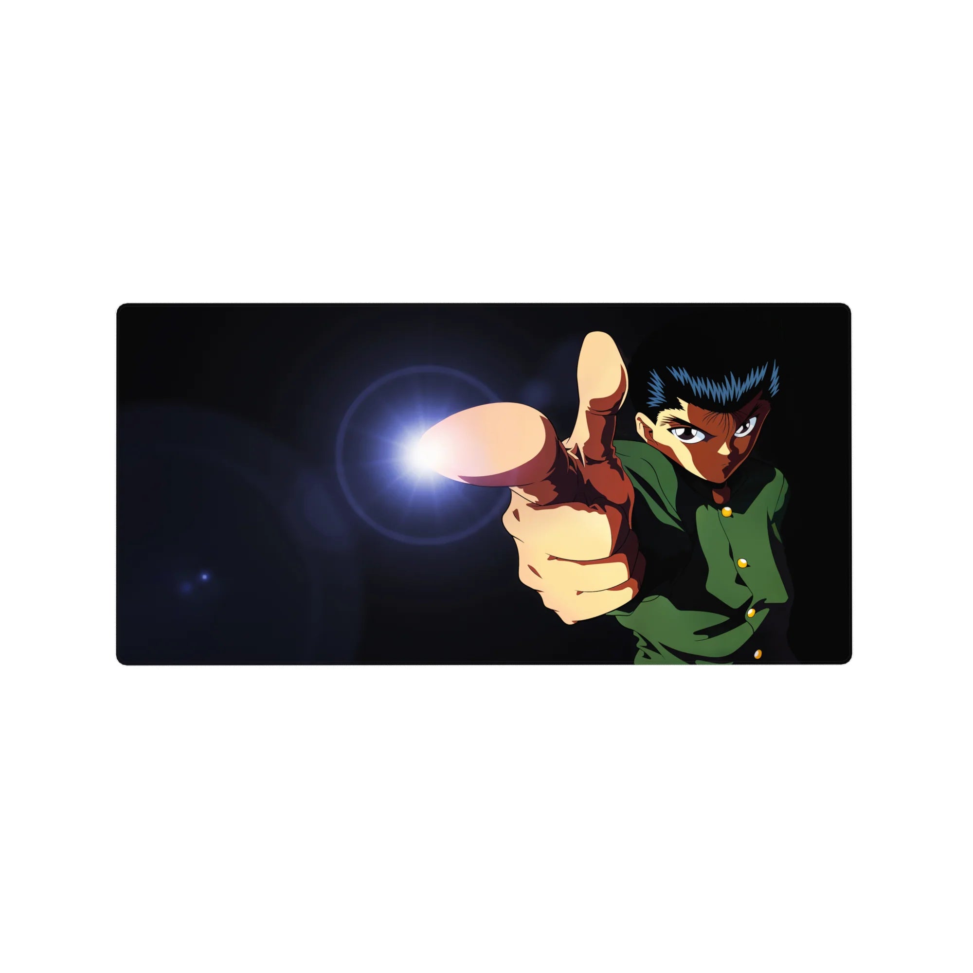 32x16 inches anime mouse pad with finger-gun hero, spirit blast flare, and sharp green school uniform.