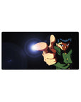 32x16 inches anime mouse pad with finger-gun hero, spirit blast flare, and sharp green school uniform.