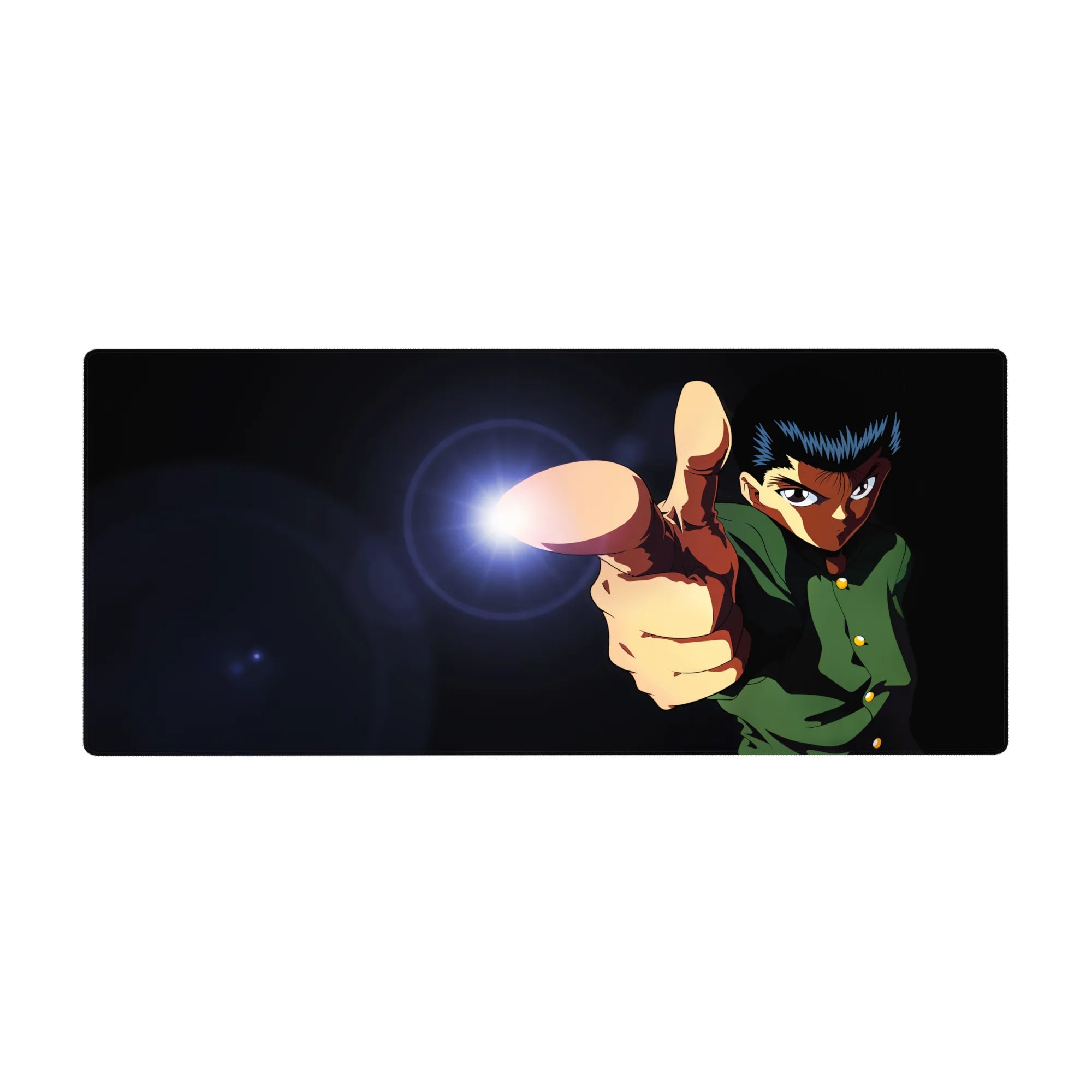 36x16 inches anime desk pad with spirit blast finger-gun pose, sharp uniform details, bold action art.