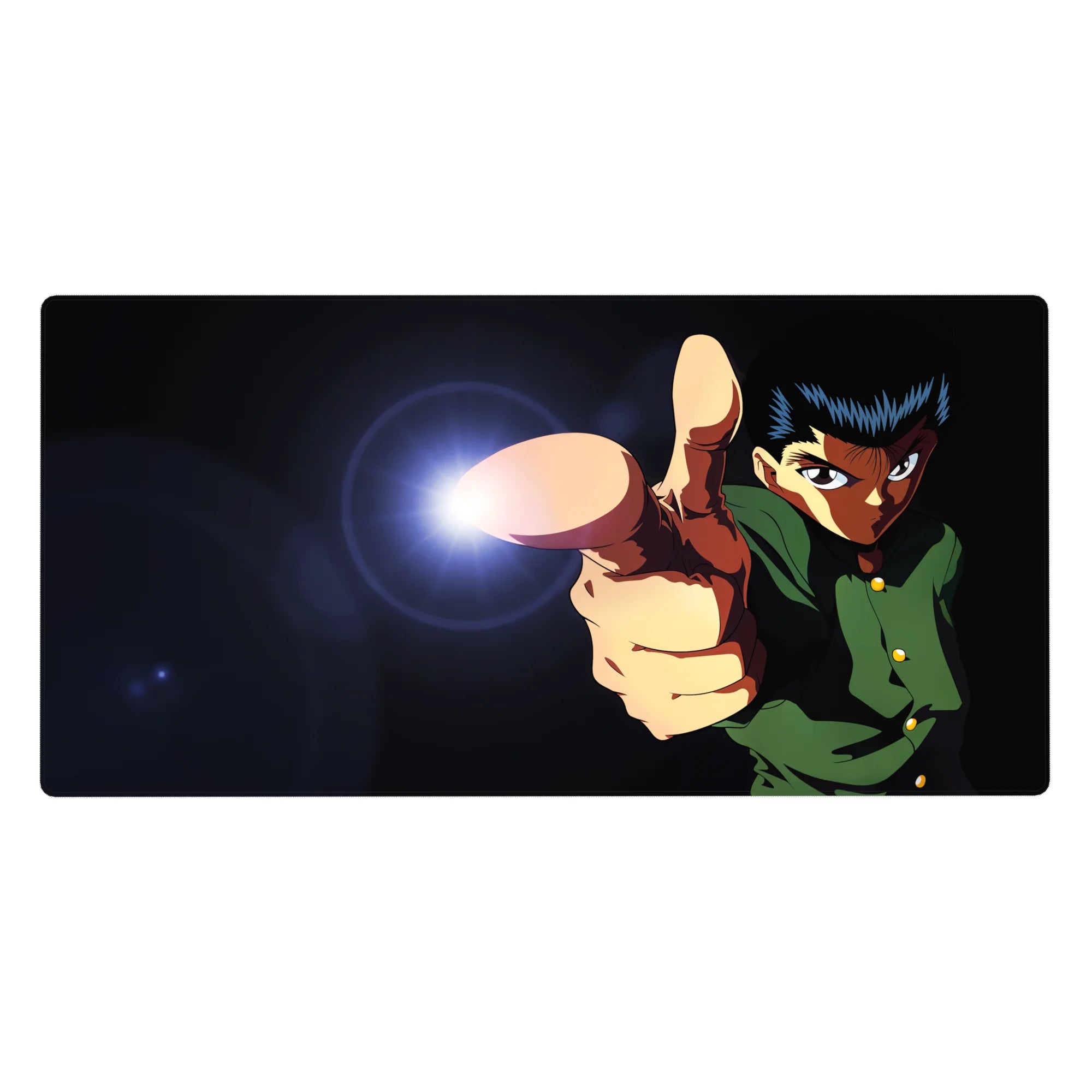 Anime desk pad 40x20 inches with action pose, spirit blast finger-gun, sharp uniform detail, lens flare.