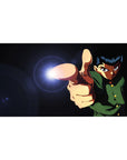 Anime desk pad 40x20 inches with action pose, spirit blast finger-gun, sharp uniform detail, lens flare.