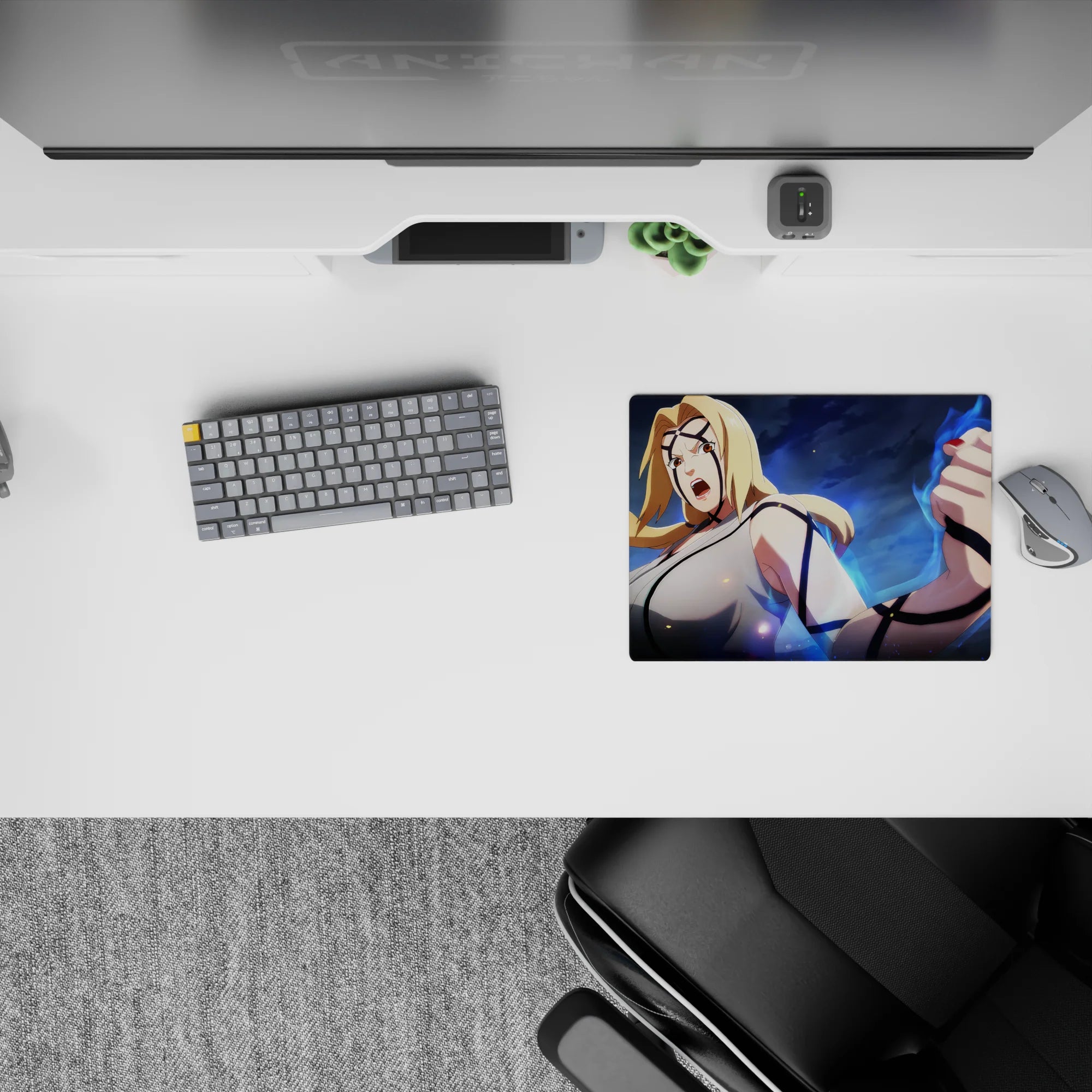 Stormy blue electric glow anime mouse pad with sparks, smooth tracking surface, 14x10 inches.
