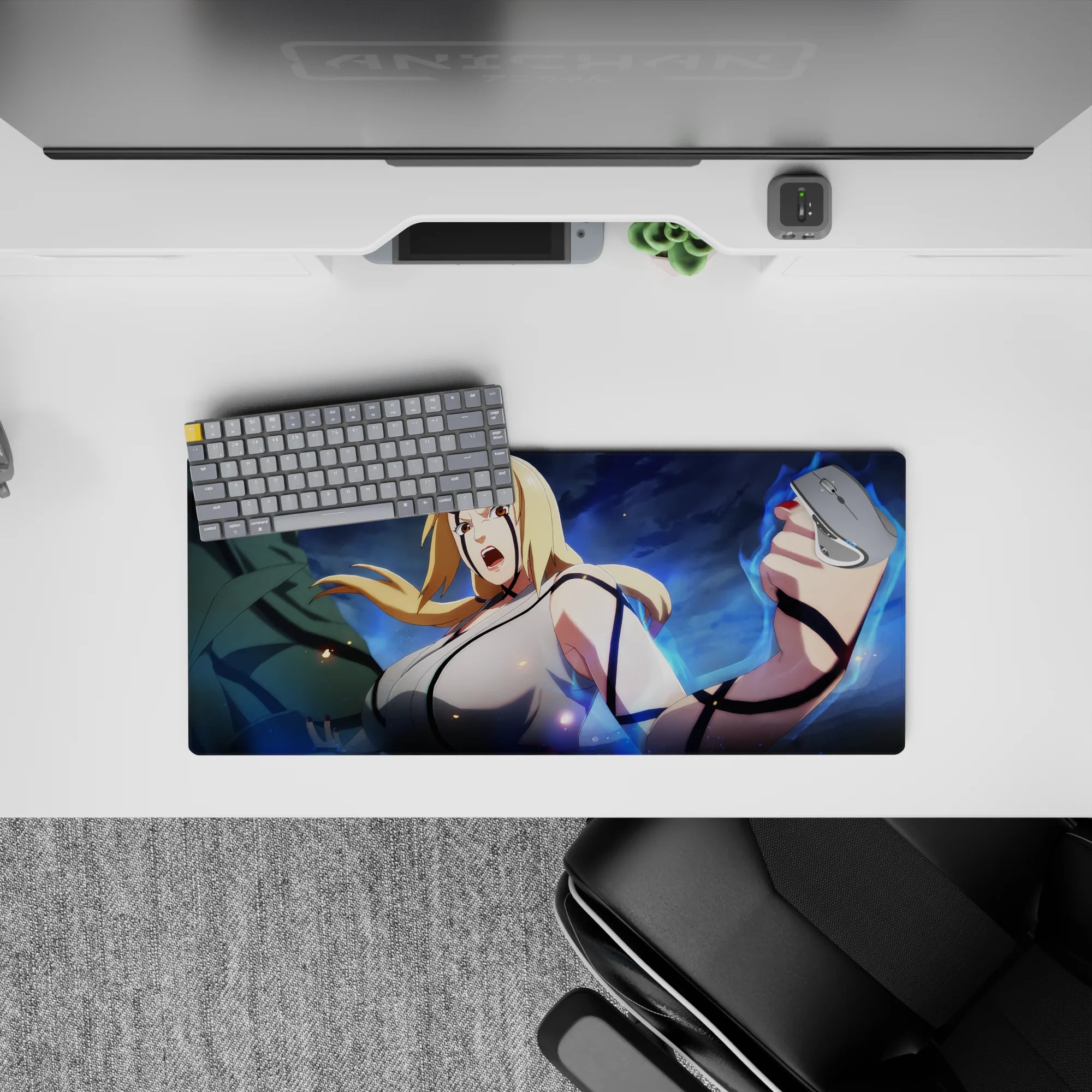 Anime mouse pad 28x12 inches in electric storm-blue glow with bold ink lines and lively sparks for gaming.