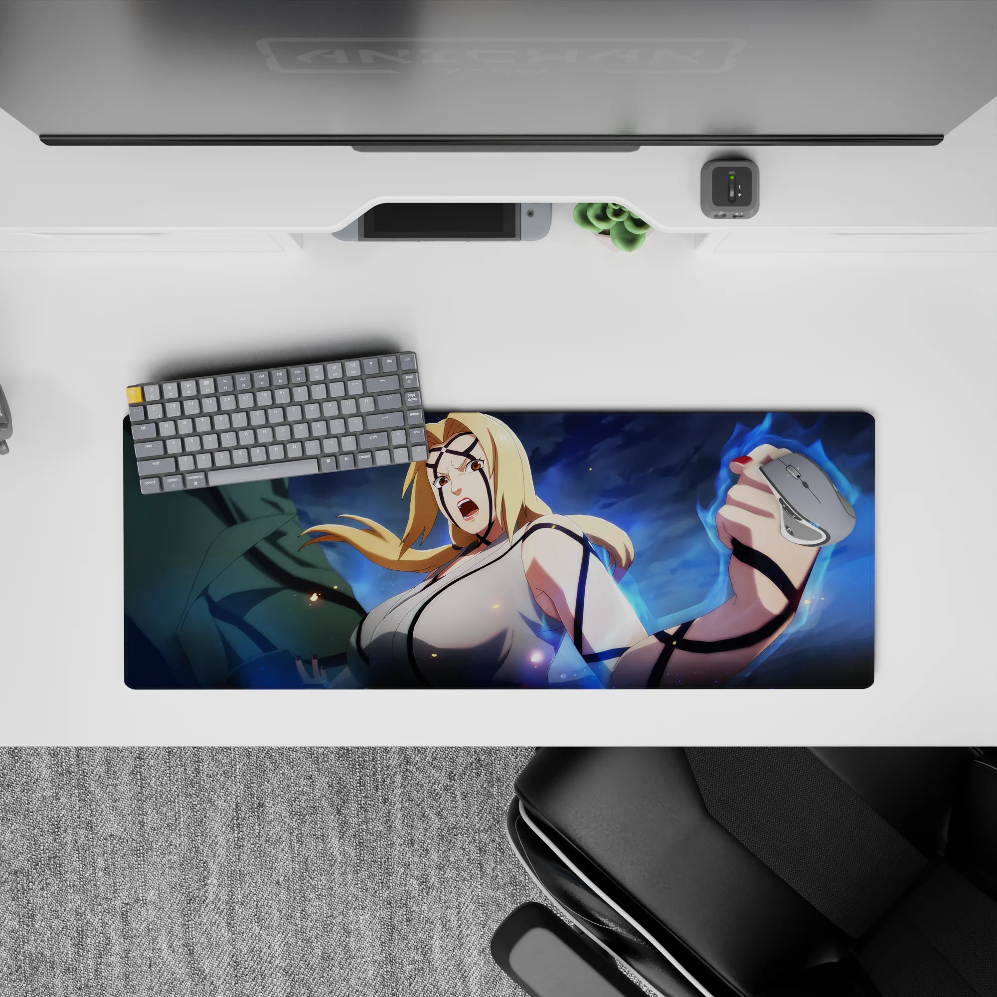 32x12 inches anime mouse pad in stormy blues with electric glow, sharp blond contrast, and bold ink markings.