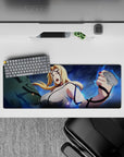 32x12 inches anime mouse pad in stormy blues with electric glow, sharp blond contrast, and bold ink markings.