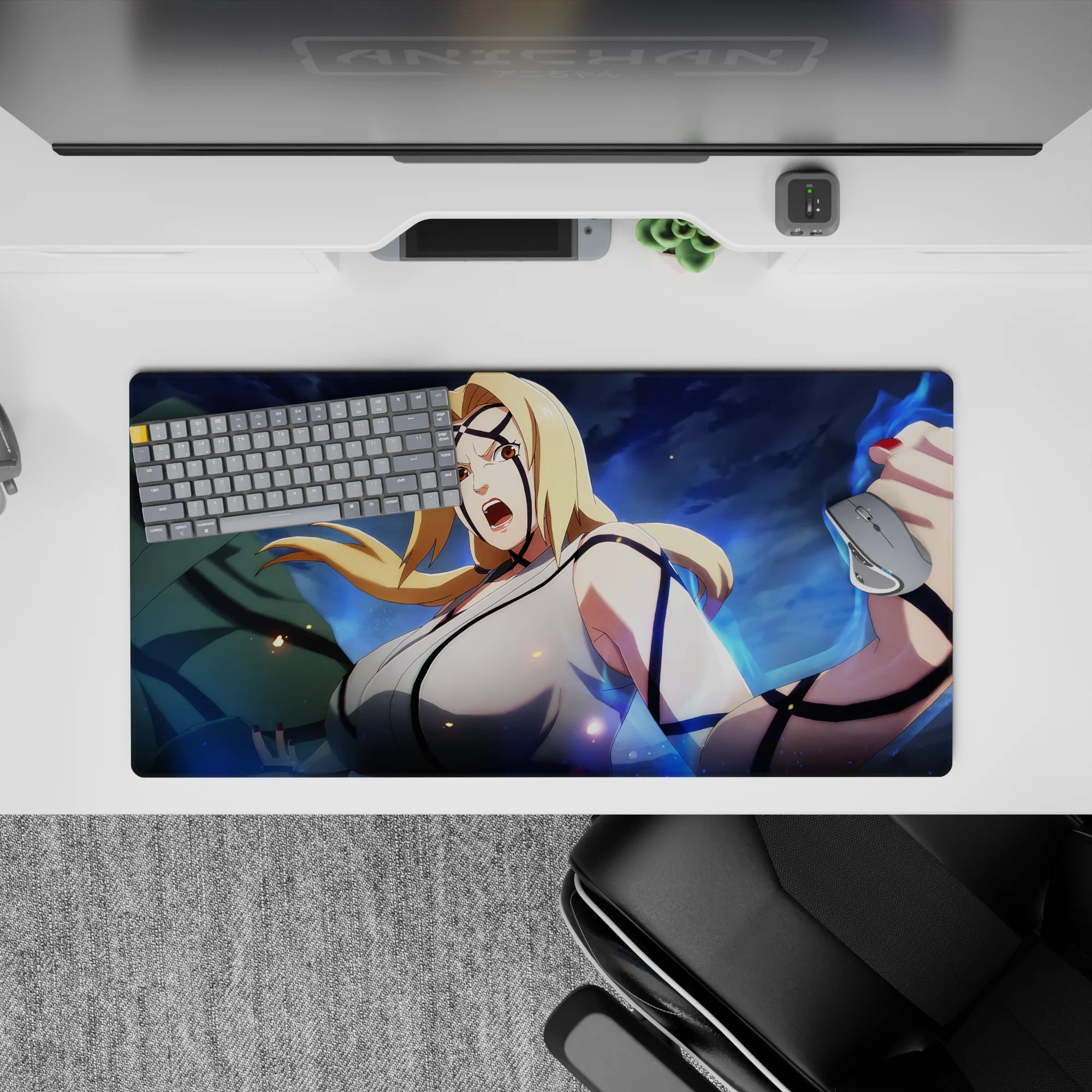 Stormy blue electric glow anime mouse pad 32x16 inches with sparks, smooth gaming tracking.