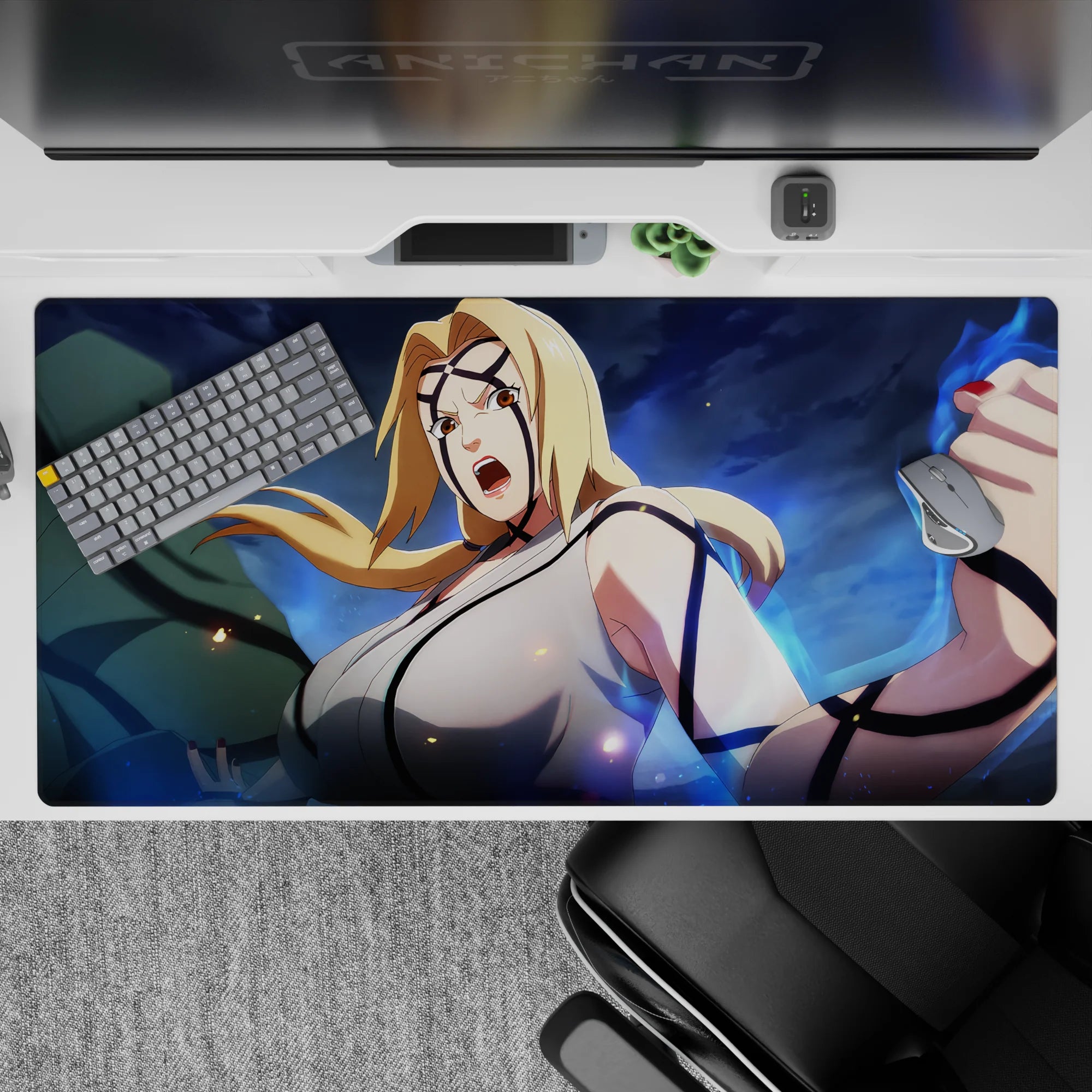 40x20 inches anime desk pad in stormy blues with electric glow, sparks, and bold ink-style accents.