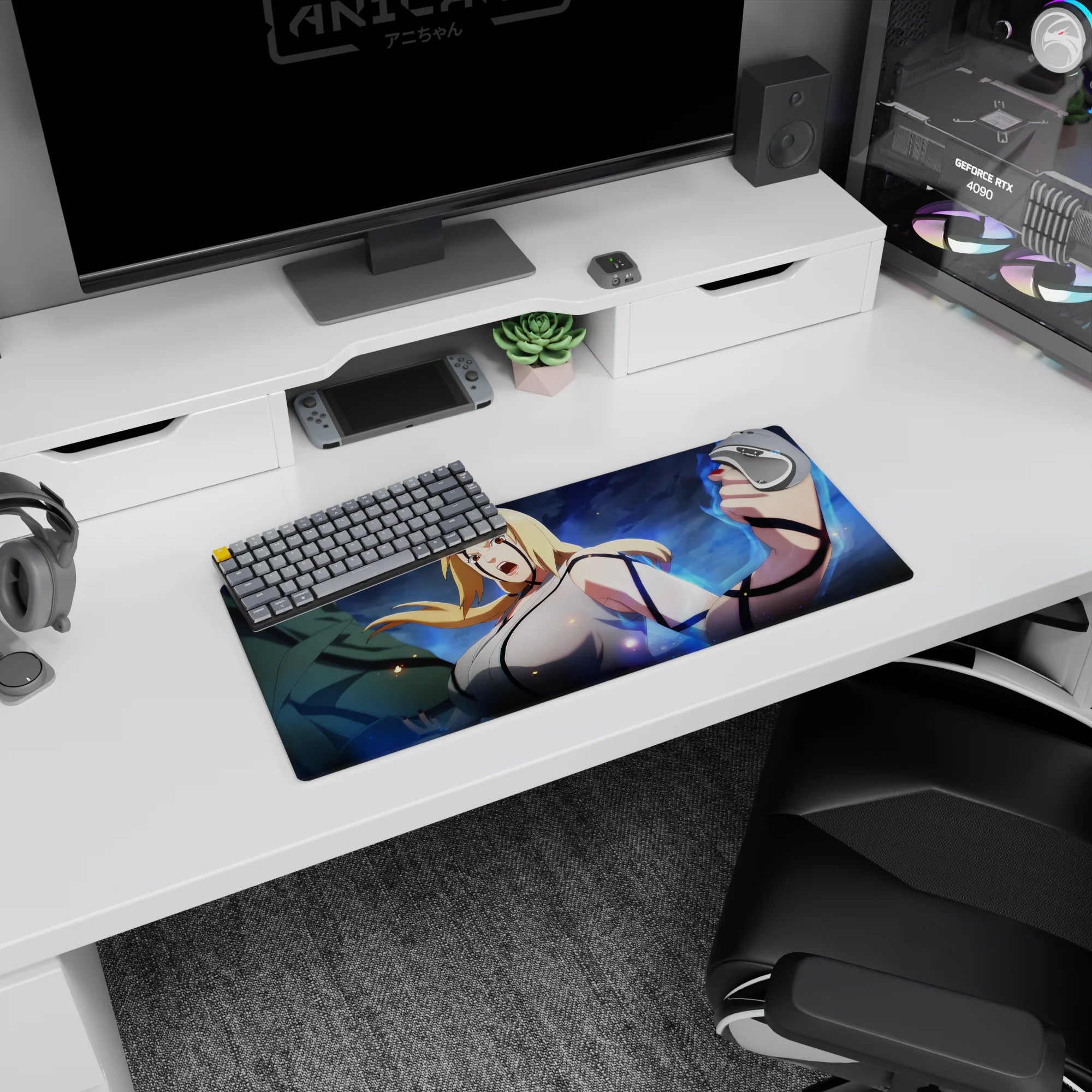 Naruto Shippuden mouse pad 28x12 inches showing Tsunade mid-shout, fists raised, blond hair, pale jacket.