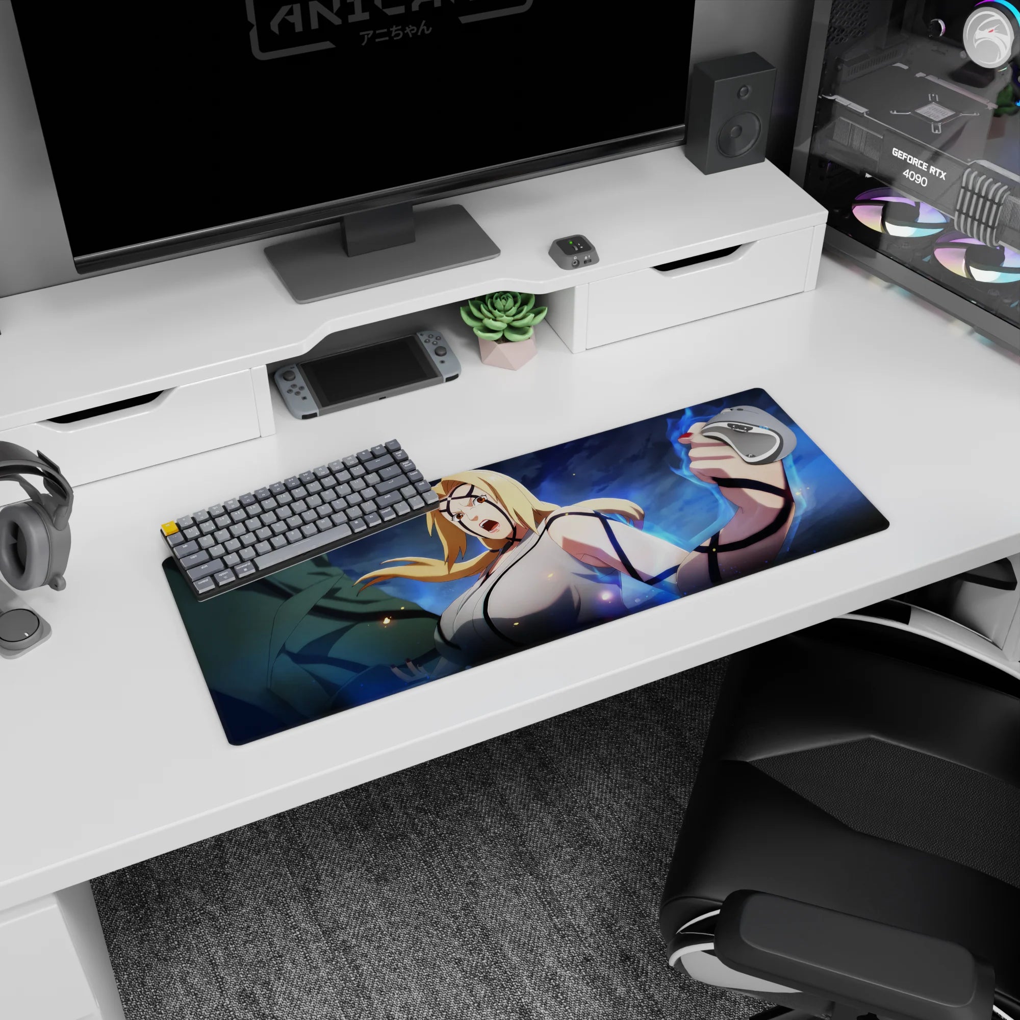 32x12 inches Naruto Shippuden mouse pad featuring Tsunade mid-shout, ready to fight, Hokage energy.