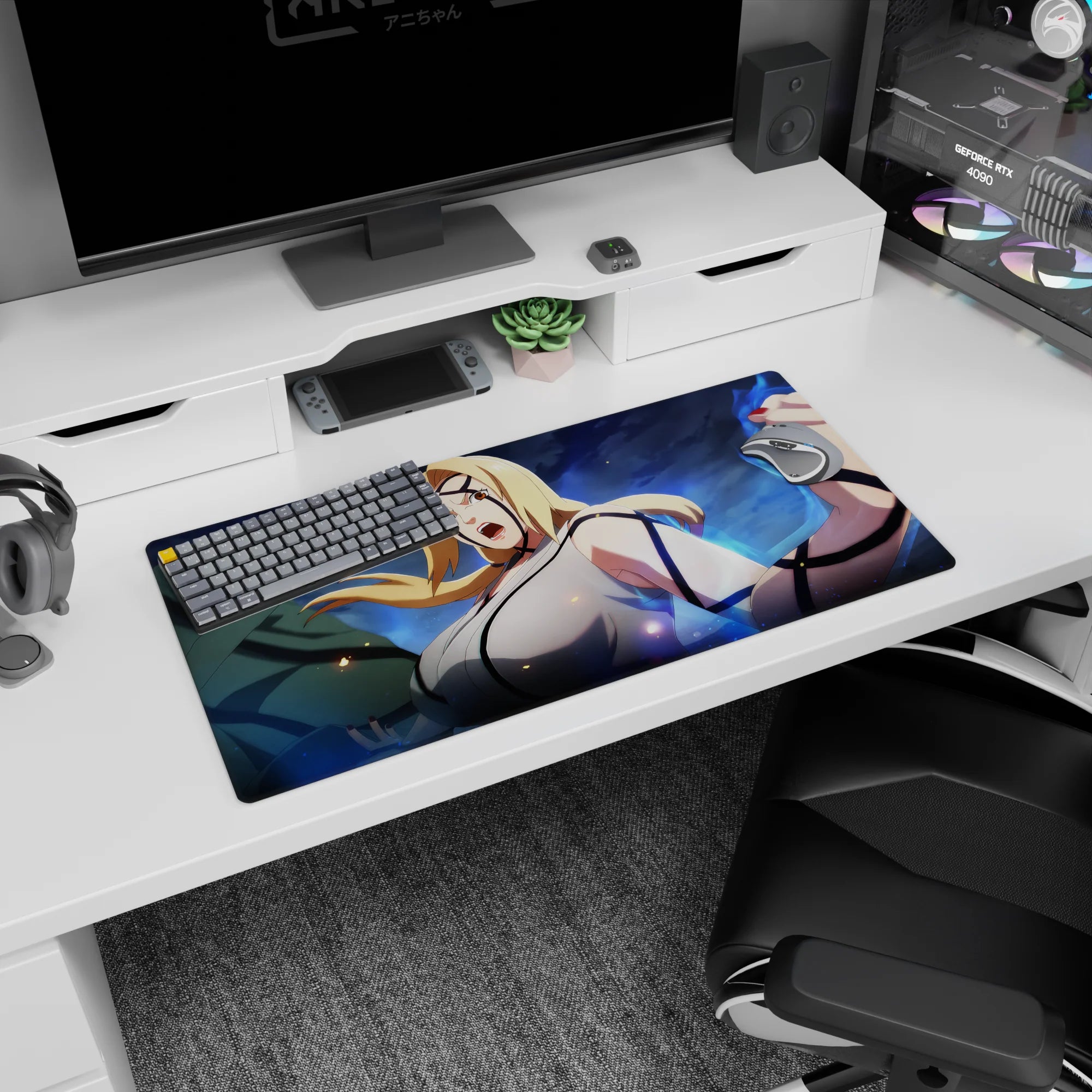 Tsunade mid-shout with fists raised on anime mouse pad 32x16 inches, Hokage energy desk mat.
