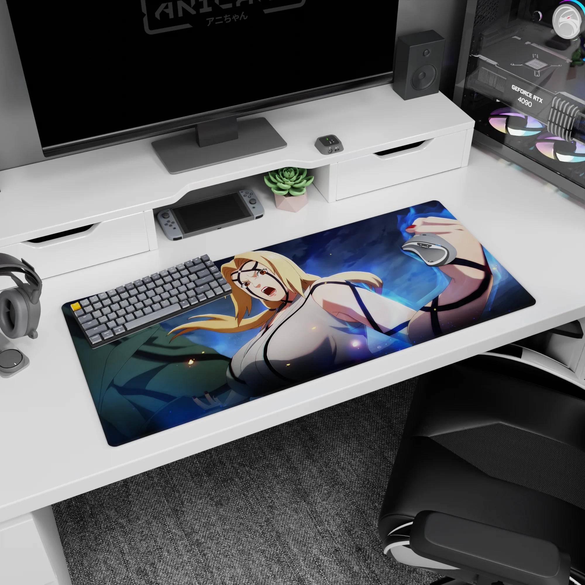 Tsunade mid-shout with fists up on anime desk pad 36x16 inches, Hokage energy for gaming setup.