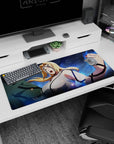 Tsunade mid-shout with fists up on anime desk pad 36x16 inches, Hokage energy for gaming setup.