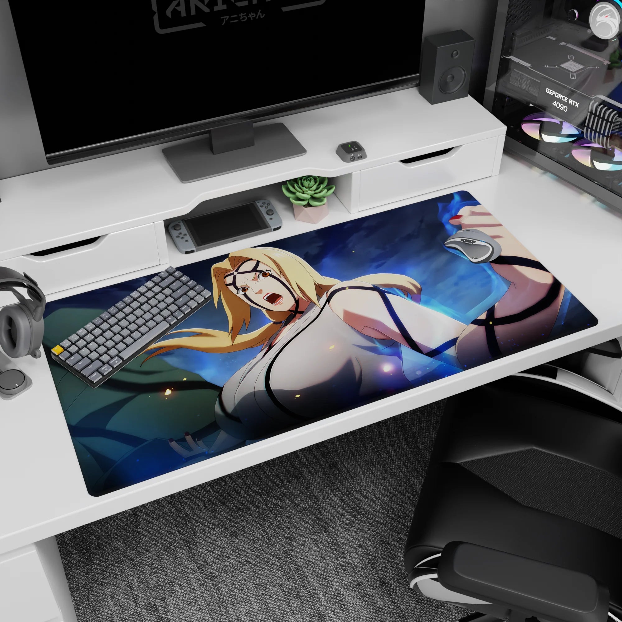 40x20 inches Naruto Shippuden desk pad featuring Tsunade mid-shout, blonde hair and pale jacket.