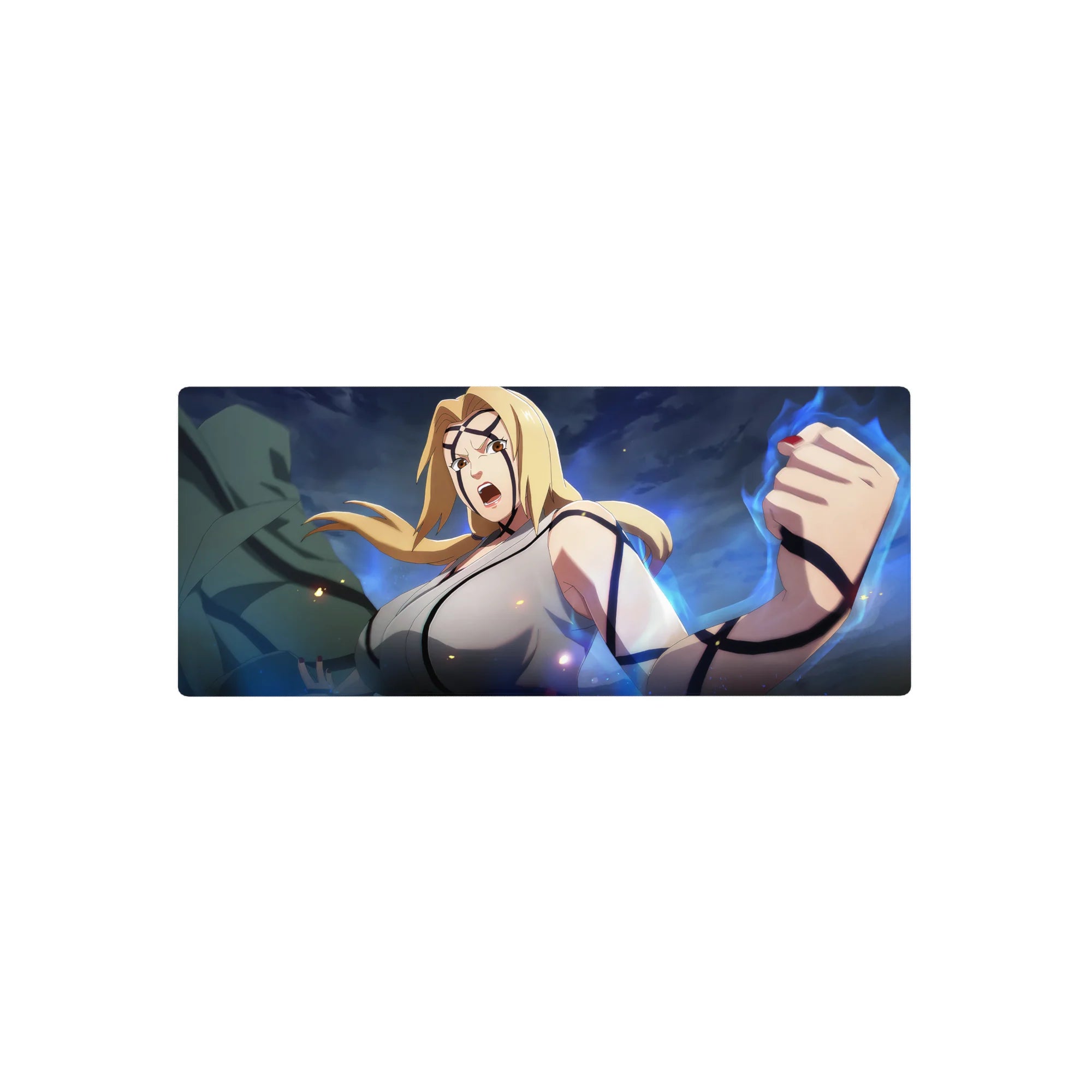 Anime mouse pad 28x12 inches with Tsunade action art, stormy blue swirls, sparks, premium smooth surface.