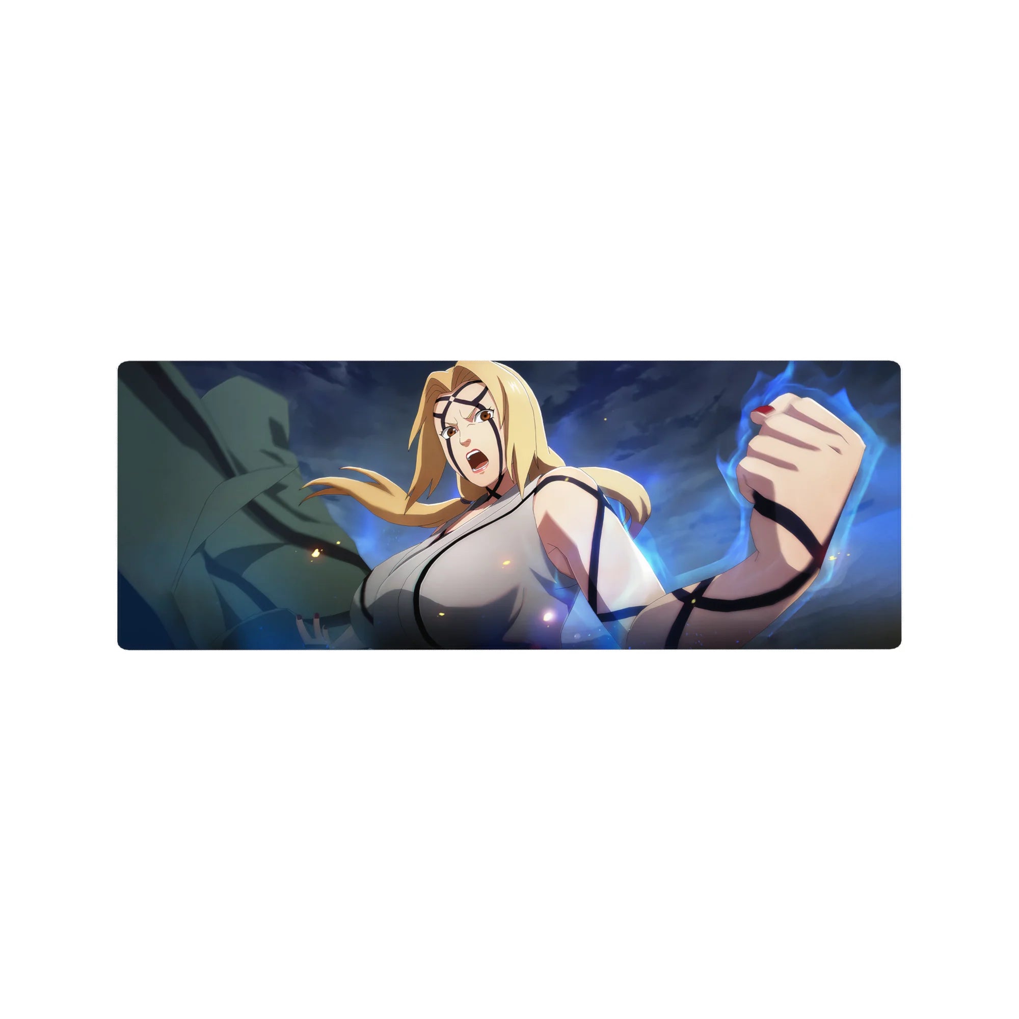 32x12 inches anime mouse pad with Tsunade shouting, fists raised, stormy blue swirl background and sparks.