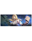 32x12 inches anime mouse pad with Tsunade shouting, fists raised, stormy blue swirl background and sparks.