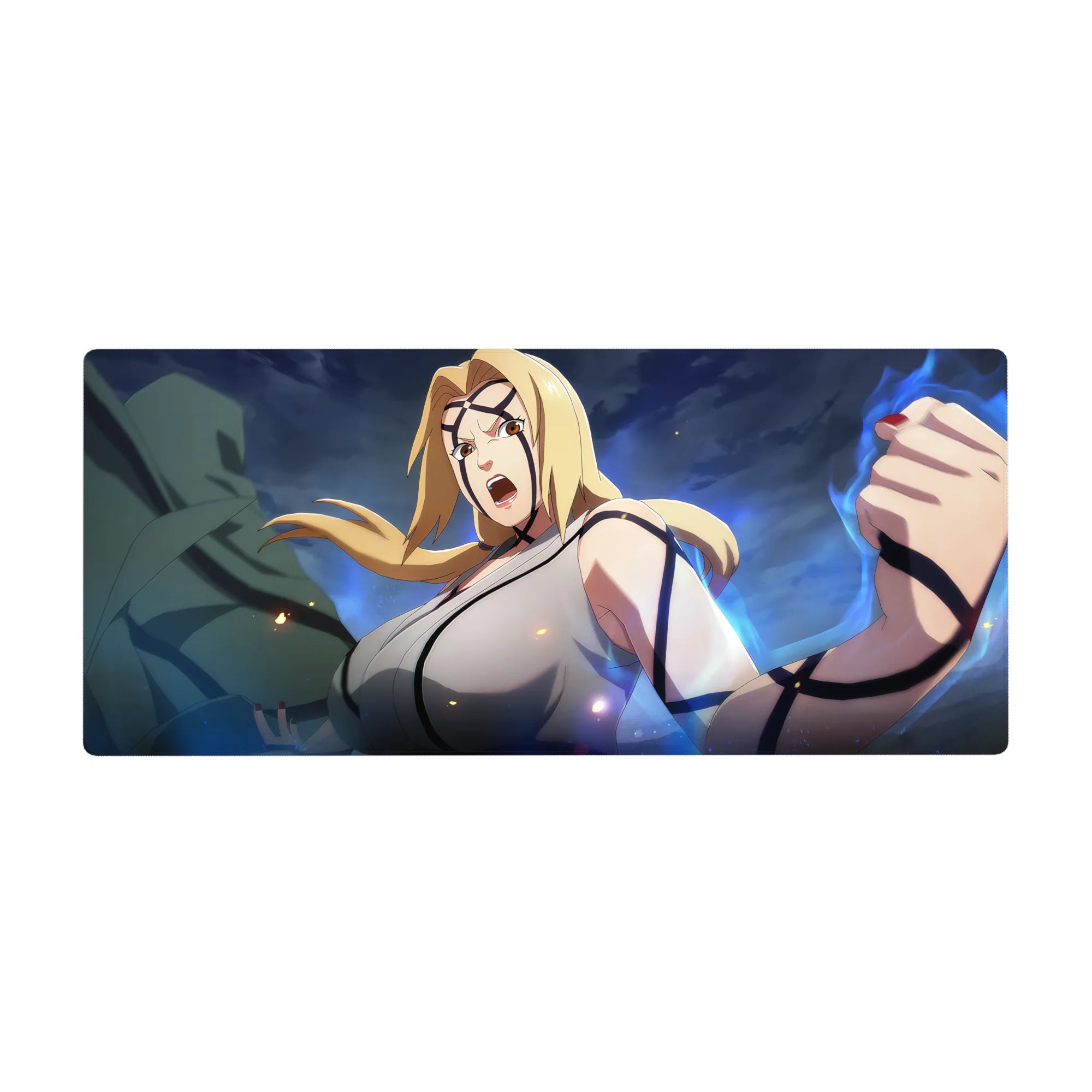 Naruto Shippuden Tsunade anime desk pad 36x16 inches with electric storm backdrop and bold ink style.