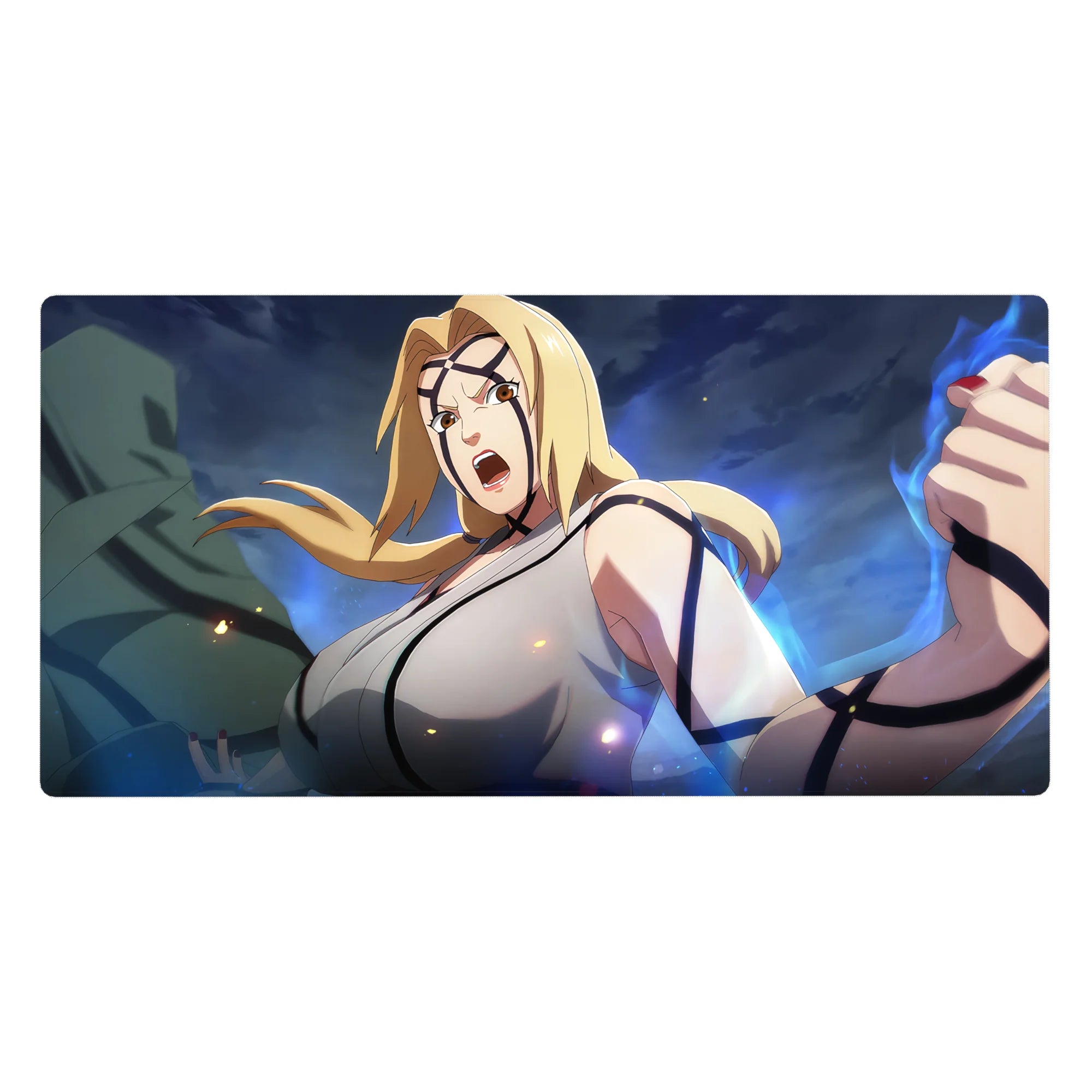 40x20 inches anime desk pad with Tsunade shouting, fists raised, stormy blue energy backdrop.
