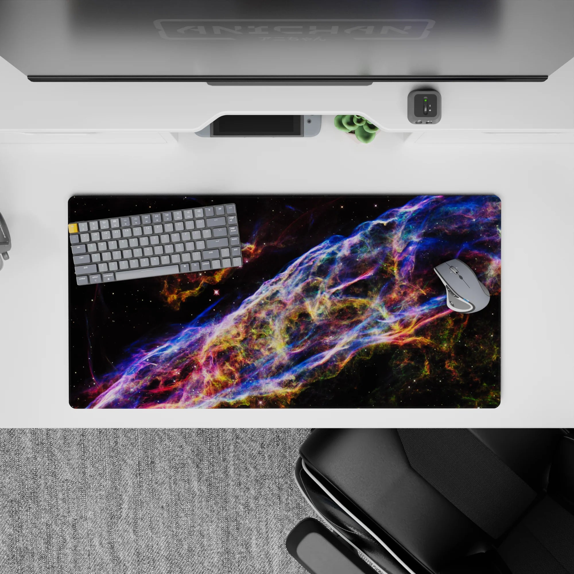 Neon blue, violet, and ember-orange space mouse pad 32x16 inches for a glittery late-night vibe.