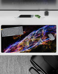 Neon blue, violet, and ember-orange space mouse pad 32x16 inches for a glittery late-night vibe.